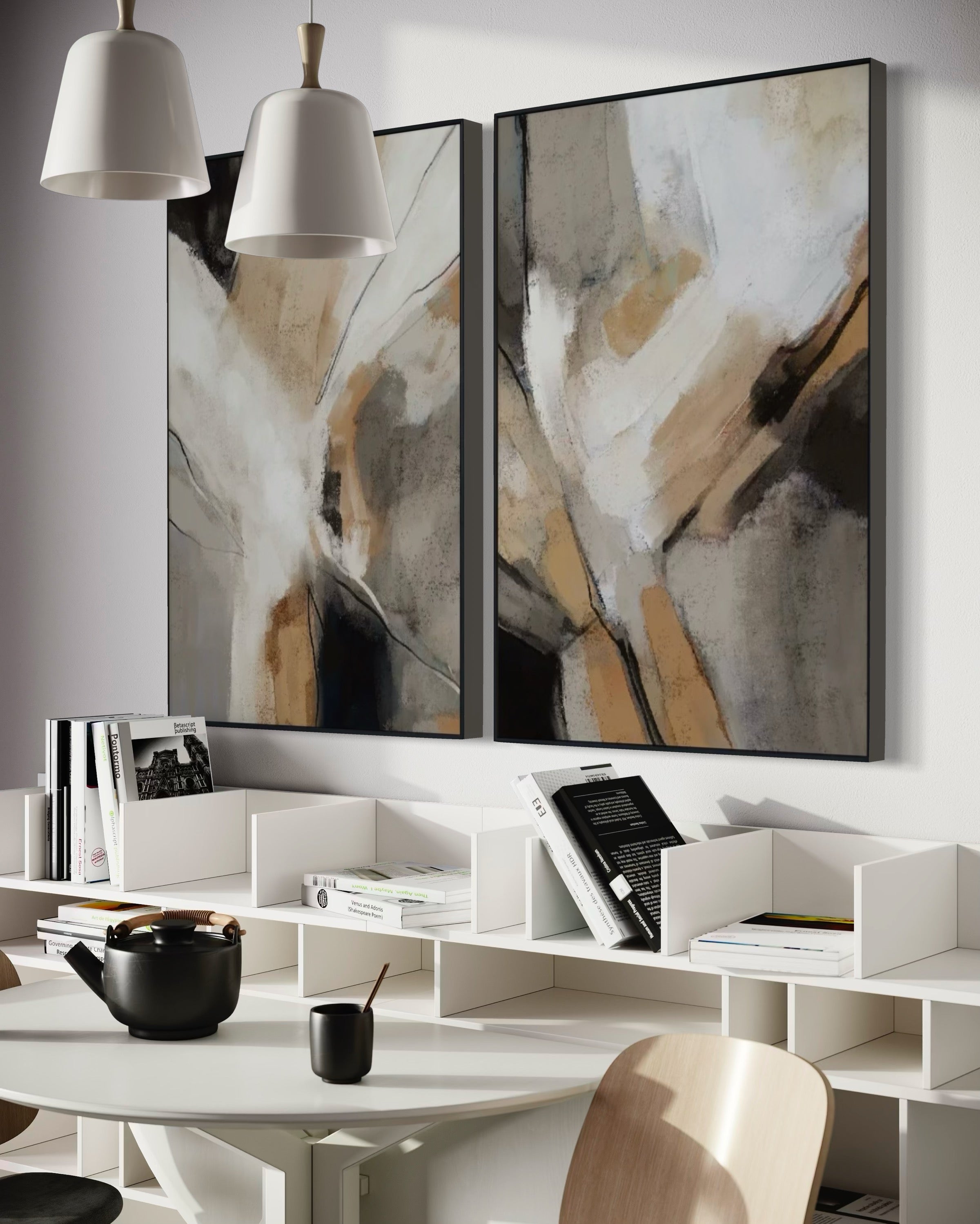 Set Cuadros Decorativos Abstracto Negro Arena 2 - 206 - Diptico Modernos Arte Minimalista estilo Boho en Tonos Neutros Cálidos