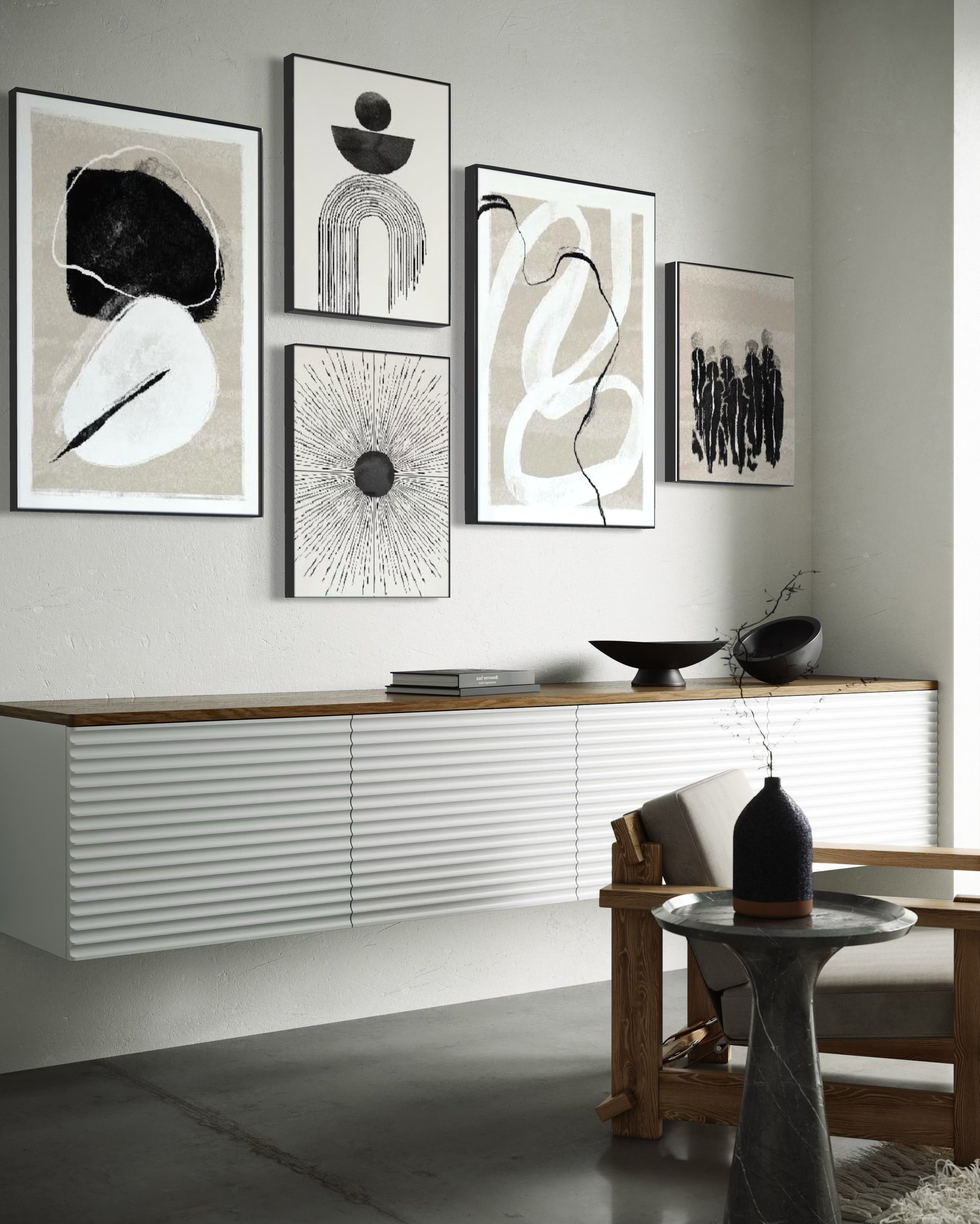 Set Cuadros Decorativos Abstracto Negro Arena 2 - 226A - 5piezas Arte Moderno Estilo Nordico Boho Tonos Neutros