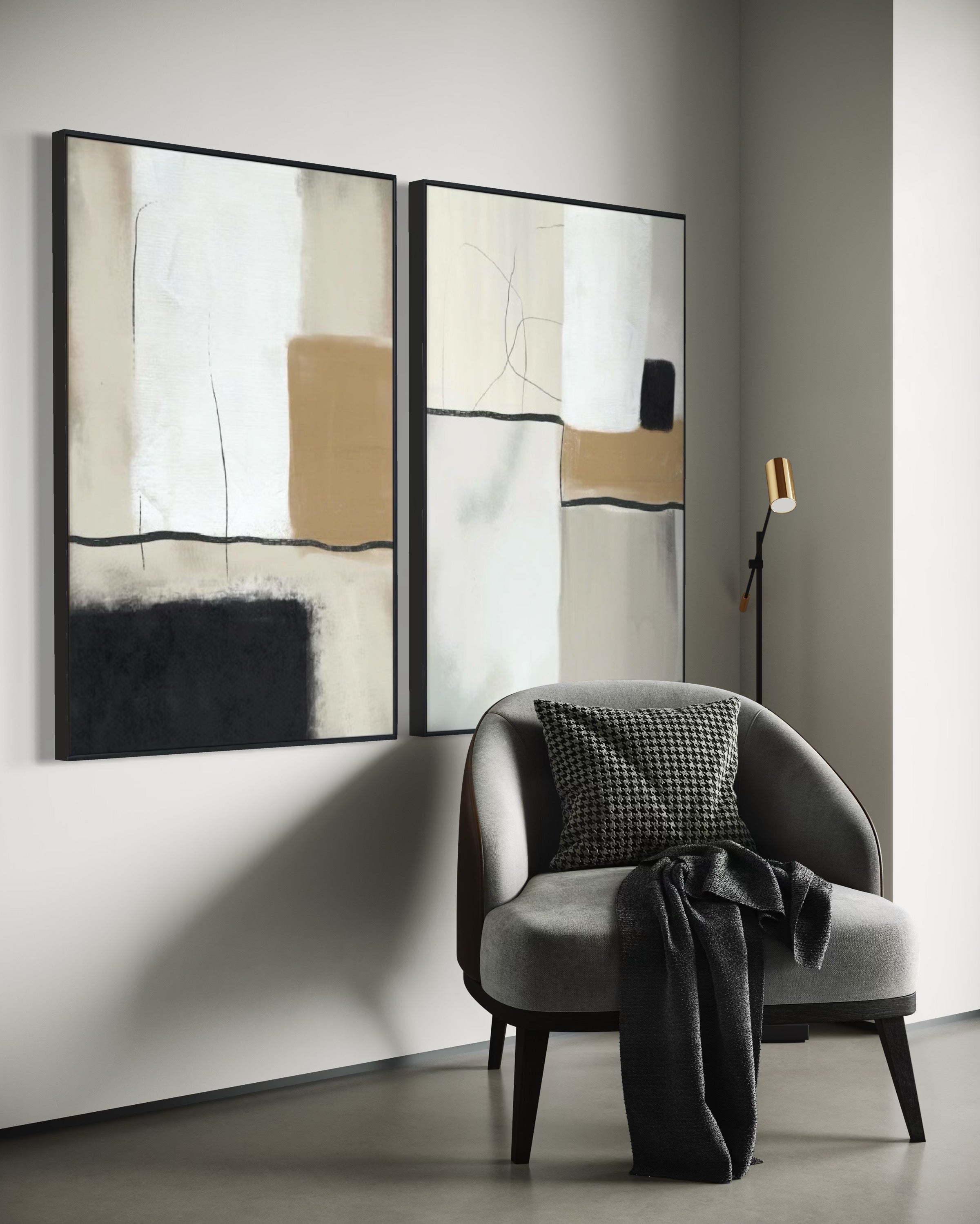 Set Cuadros Decorativos Abstracto Negro Arena 2 - 217 - Diptico Moderno y Elegante Arte Estilo Nordico Tonos Neutros