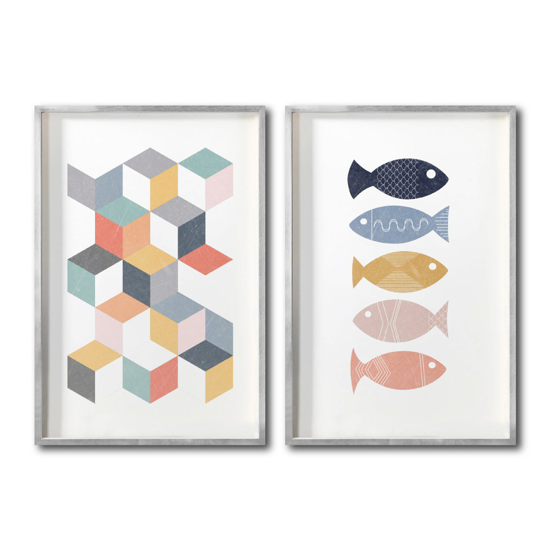 Set 2 Cuadros Decorativos Abstract Colors 031 - Arte Geométrico Peces de Colores-Diptico