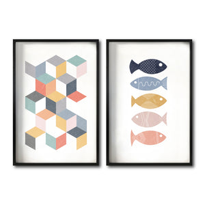 Set 2 Cuadros Decorativos Abstract Colors 031 - Arte Geométrico Peces de Colores-Diptico