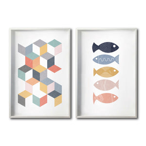 Set 2 Cuadros Decorativos Abstract Colors 031 - Arte Geométrico Peces de Colores-Diptico