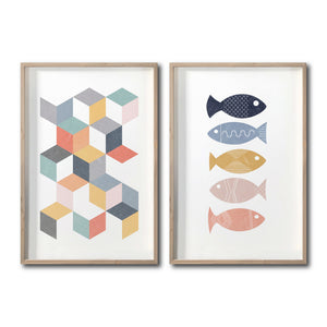 Set 2 Cuadros Decorativos Abstract Colors 031 - Arte Geométrico Peces de Colores-Diptico