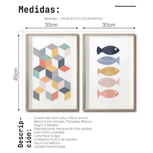 Set 2 Cuadros Decorativos Abstract Colors 031 - Arte Geométrico Peces de Colores-Diptico
