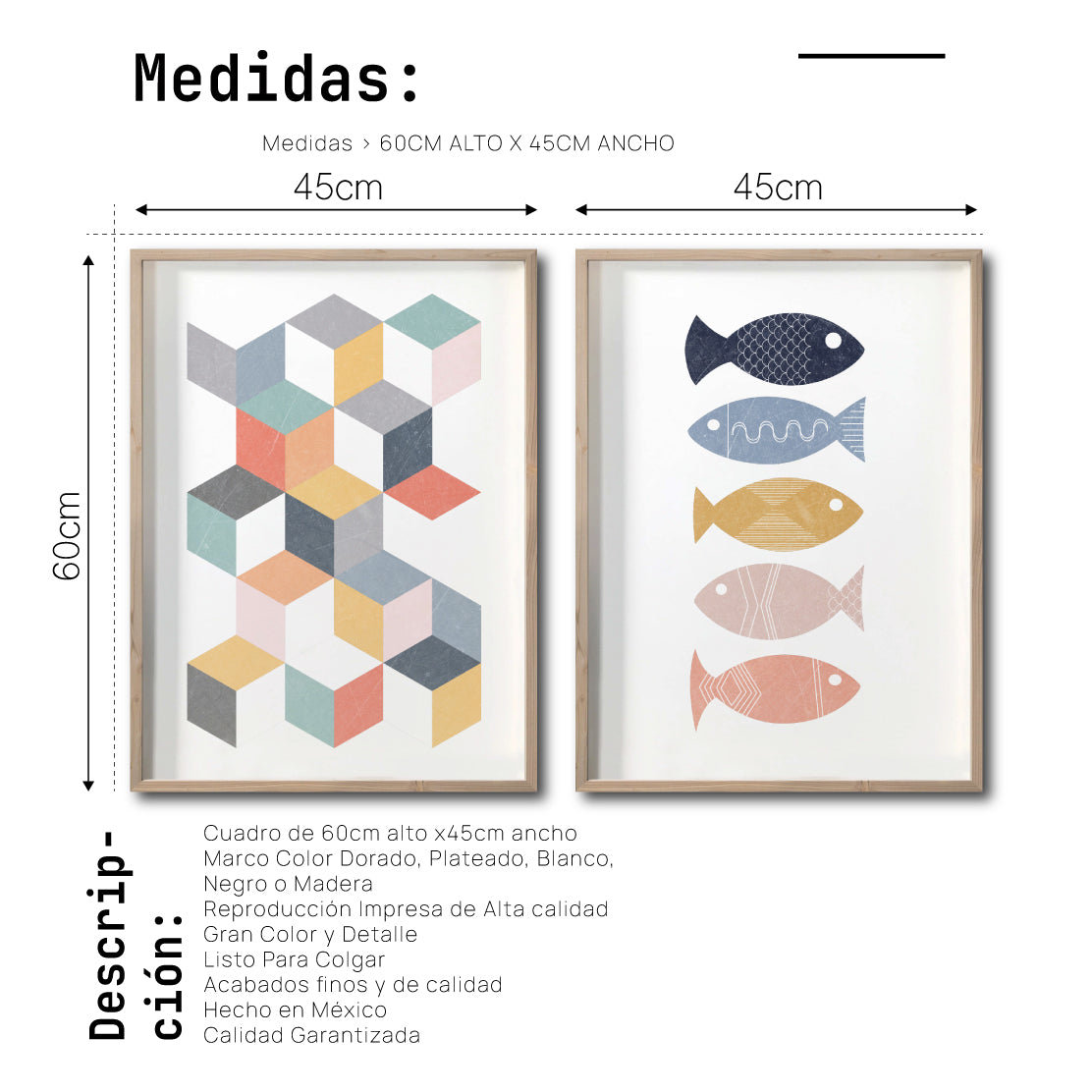 Set 2 Cuadros Decorativos Abstract Colors 031 - Arte Geométrico Peces de Colores-Diptico