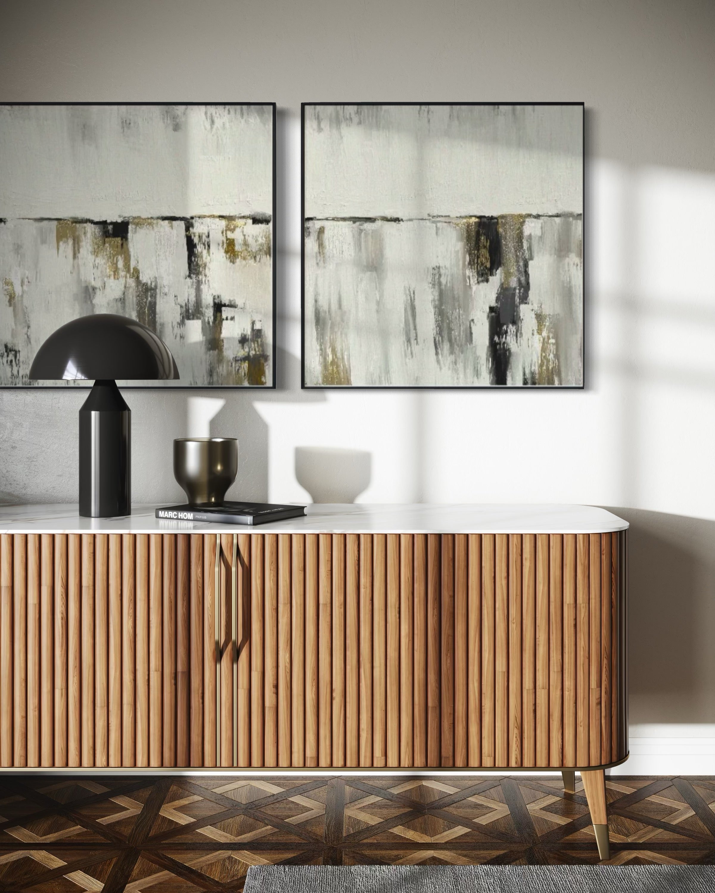 Set Cuadros Decorativos Abstracto Negro Arena 2 - 203 - Diptico Moderno y Minimalista Estilo Nordico en Tonos Neutros y un toque de Dorado Oro