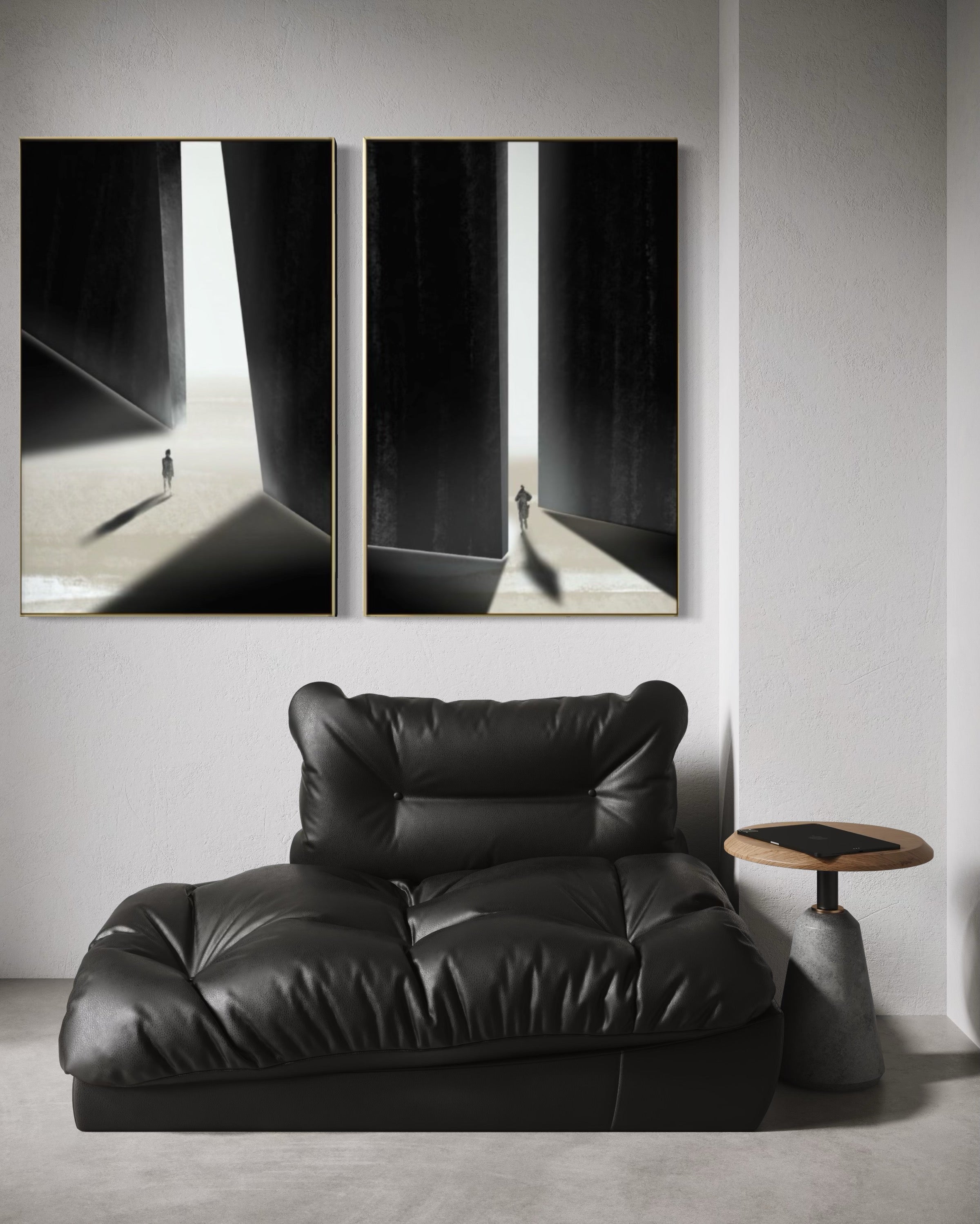 Set Cuadros Decorativos Abstracto Negro Arena 2 - 237 - Diptico Siluetas Humanas Arte Moderno Minimalista Puertas Estilo Nordico Tonos Neutros