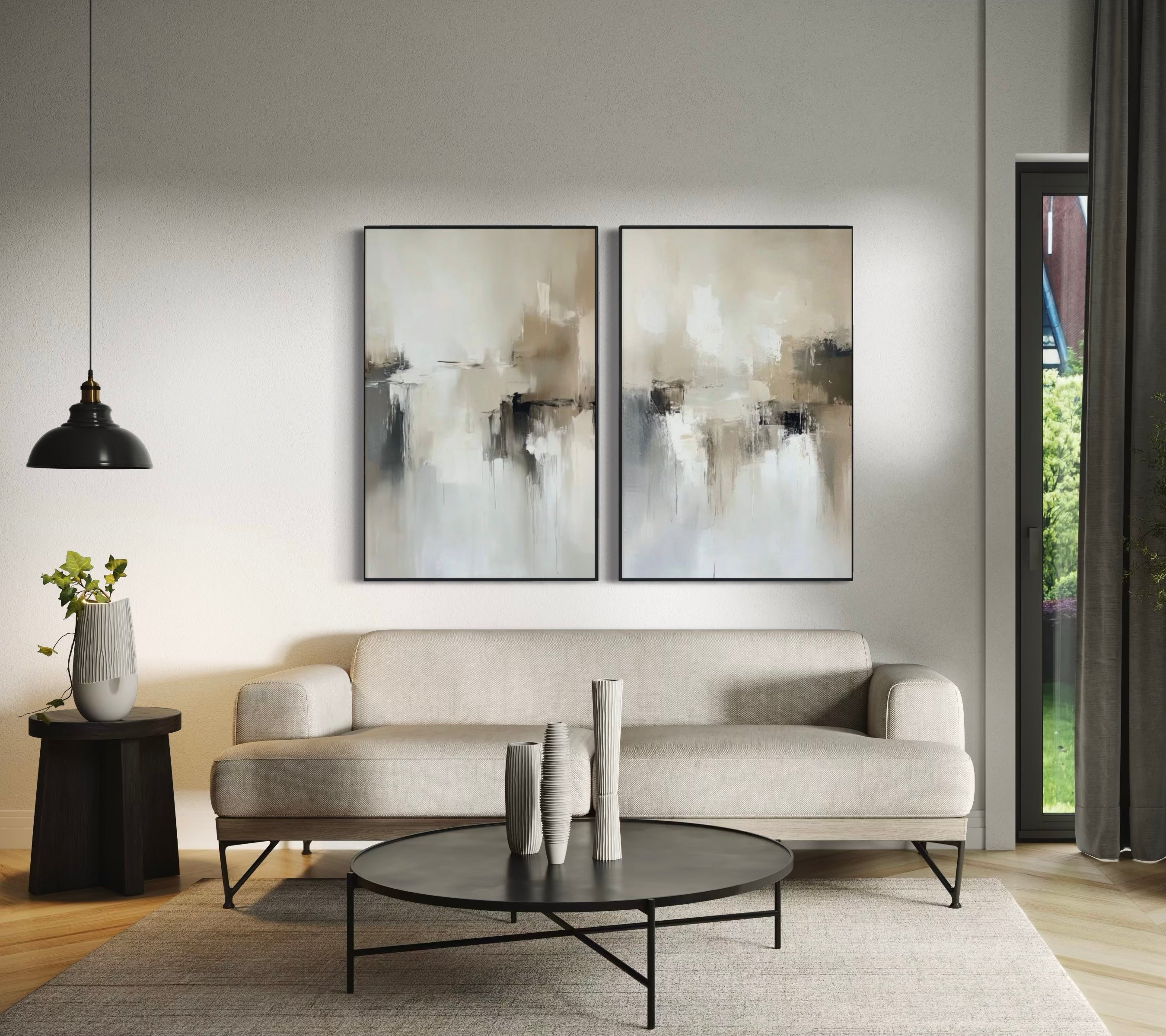 Set Cuadros Decorativos Abstracto Negro Arena 2 - 201 - Diptico Minimalista Estilo Nordico en Tonos Neutros