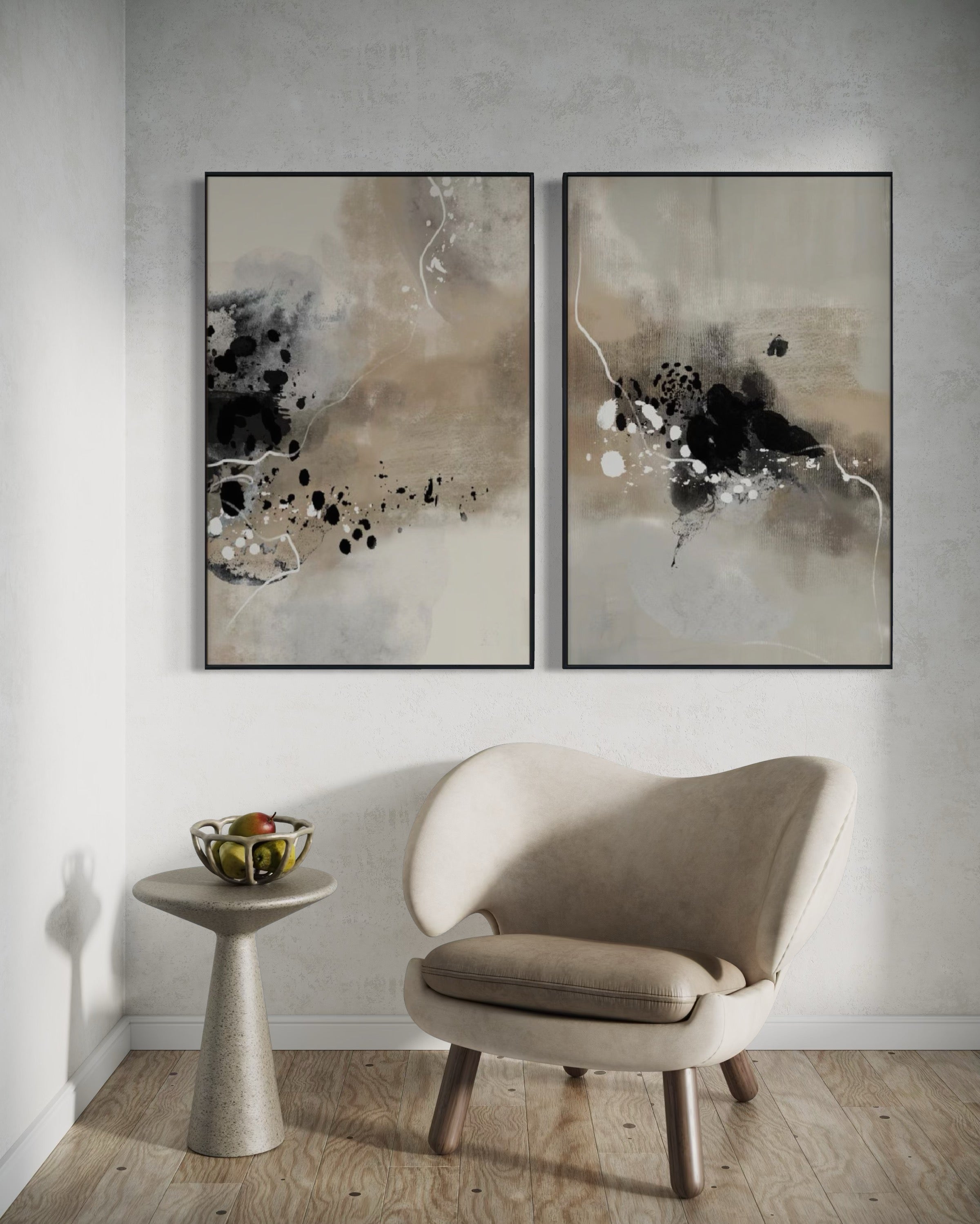 Set Cuadros Decorativos Abstracto Negro Arena 2-236 - Diptico Moderno Estilo Nordico en Tonos Nutros