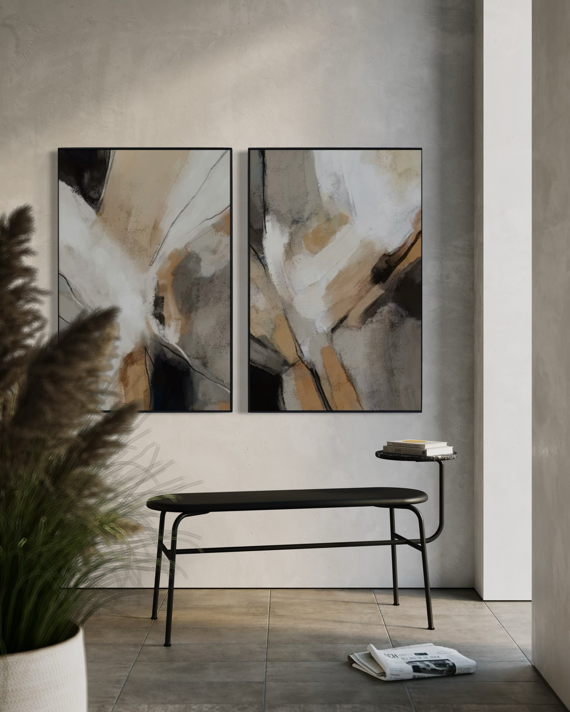 Set Cuadros Decorativos Abstracto Negro Arena 2 - 206 - Diptico Modernos Arte Minimalista estilo Boho en Tonos Neutros Cálidos