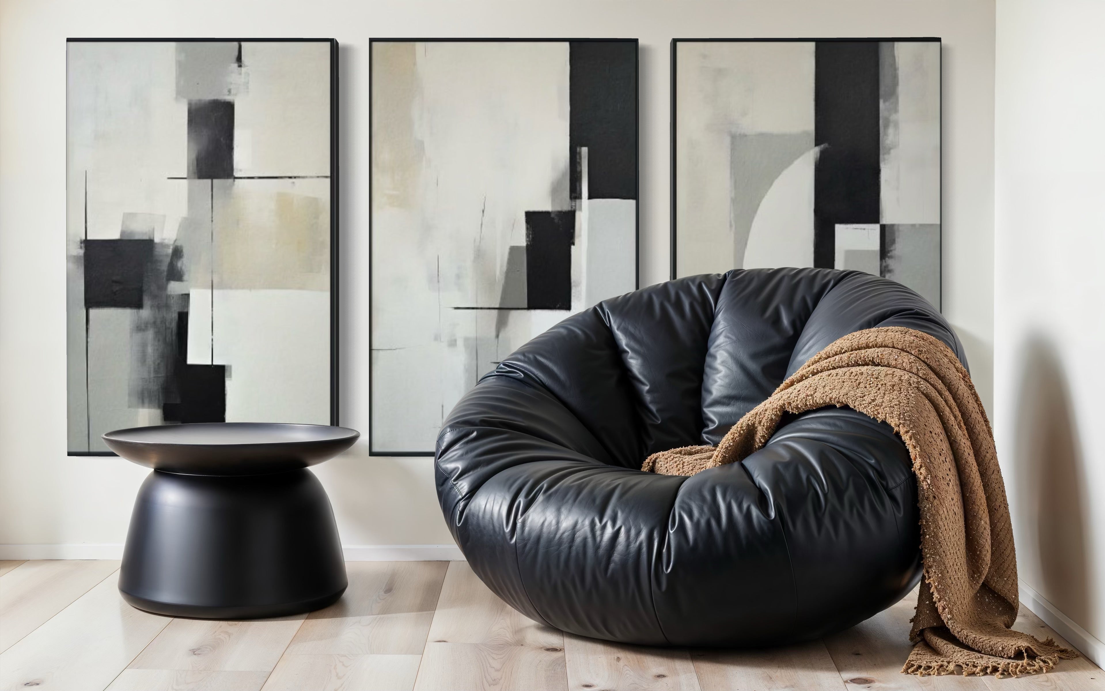 Set Cuadros Decorativos Abstracto Negro Arena 2-227 - Triptico Moderno y Elegante Arte Minimalista Estilo Nordico en Tonos Neutros