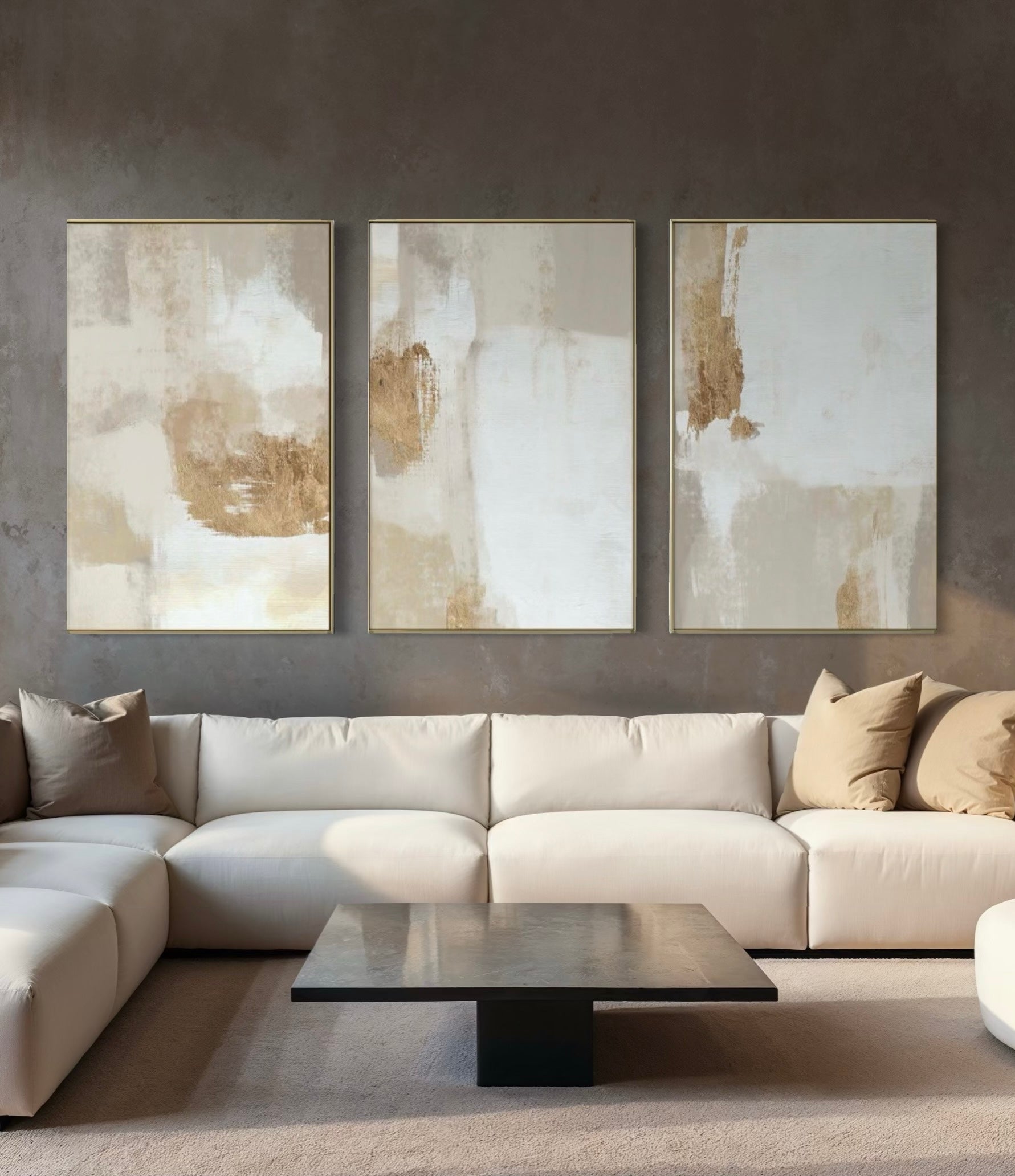 Set Cuadros Decorativos Abstracto Negro Arena 2 - 279 - Triptico Moderno y Elegante Arte Estilo Boho en Blanco, Beige y Dorado Oro