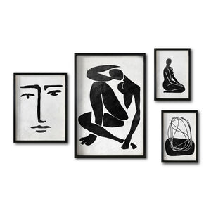 Set 4 Cuadros Decorativos Abstracto Negro Arena 033 - Arte Boho Rostro y Siluetas Femeninas