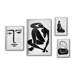 Set 4 Cuadros Decorativos Abstracto Negro Arena 033 - Arte Boho Rostro y Siluetas Femeninas