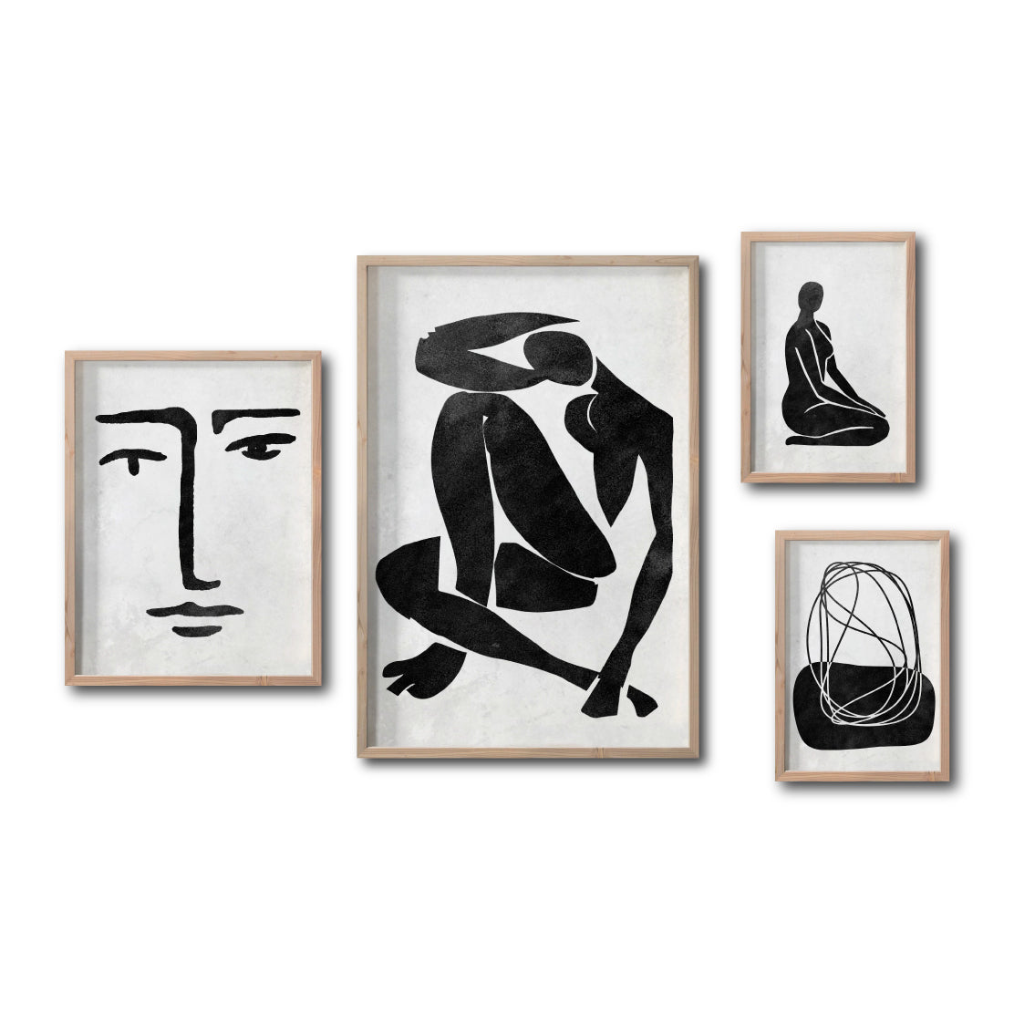 Set 4 Cuadros Decorativos Abstracto Negro Arena 033 - Arte Boho Rostro y Siluetas Femeninas