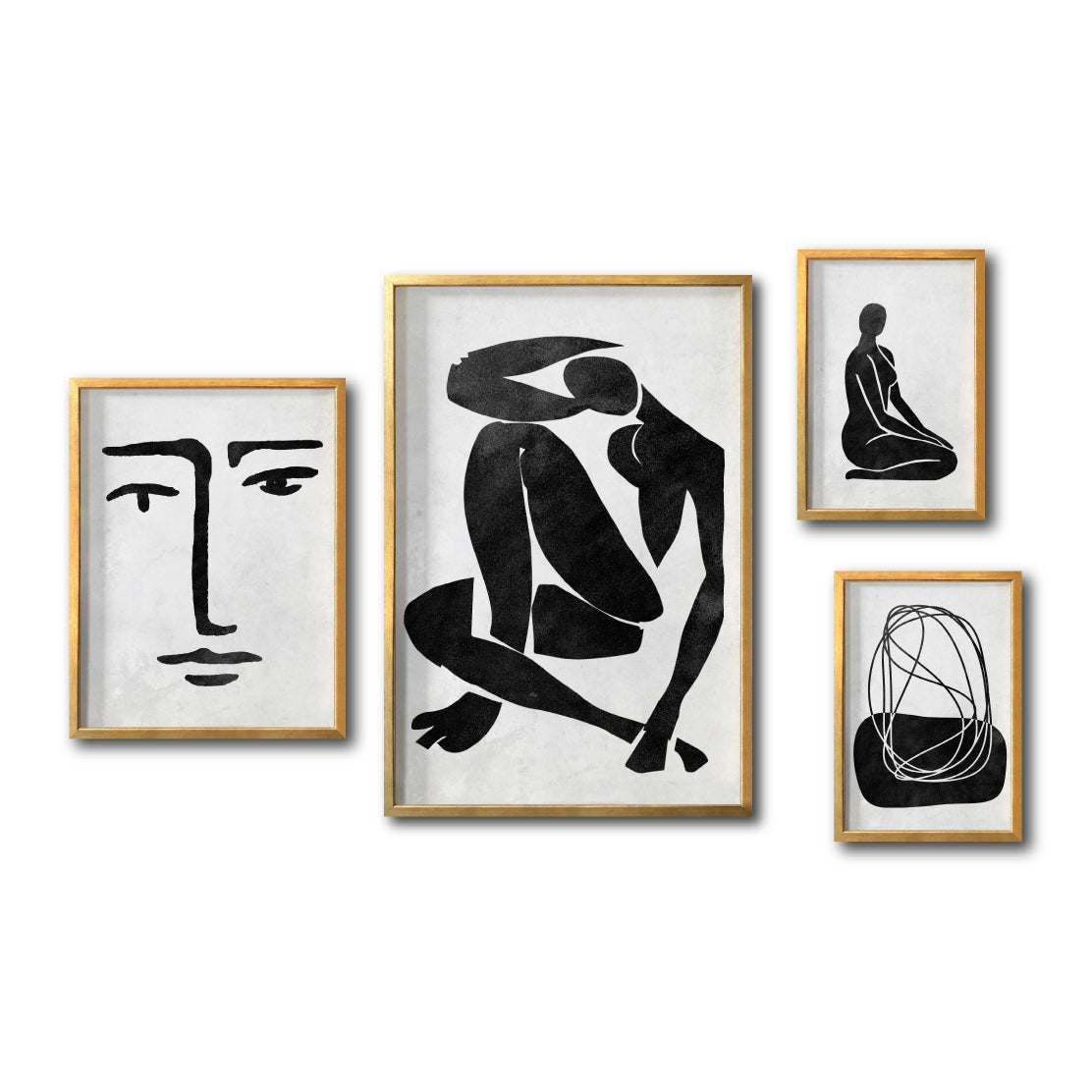 Set 4 Cuadros Decorativos Abstracto Negro Arena 033 - Arte Boho Rostro y Siluetas Femeninas