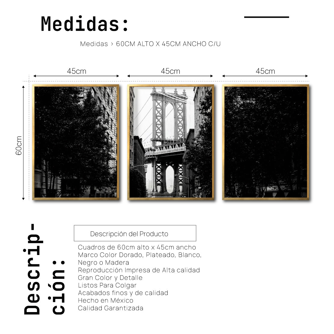 Set Cuadros Decorativos NY 034 - Triptico Manhattan Bridge New York Dumbo