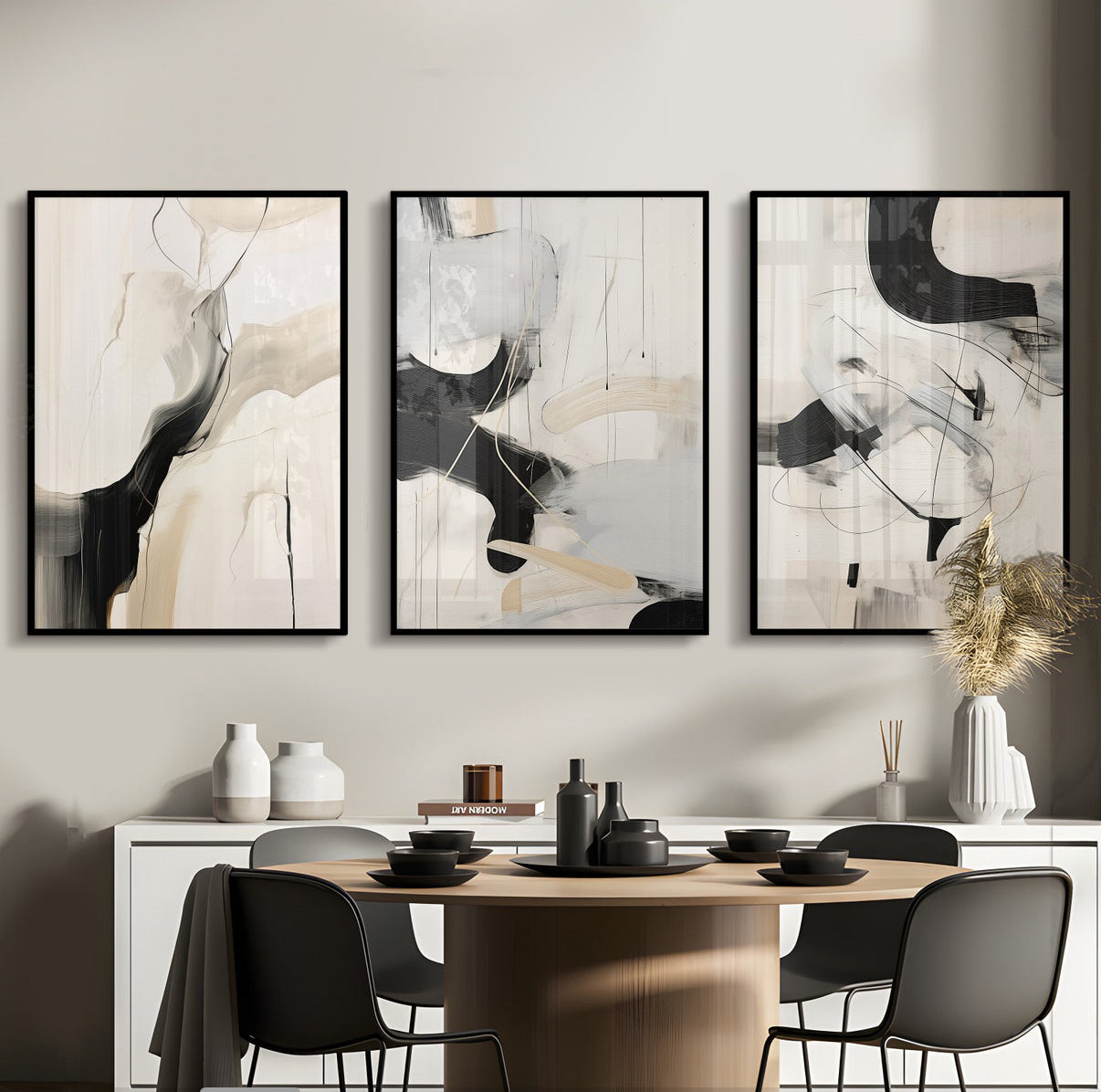Set de 3 Cuadros Decorativos Abstracto Negro Arena 2 - 221 - Triptico Moderno y Minimalista Arte Elegante Estilo Nordico Tonos Neutros