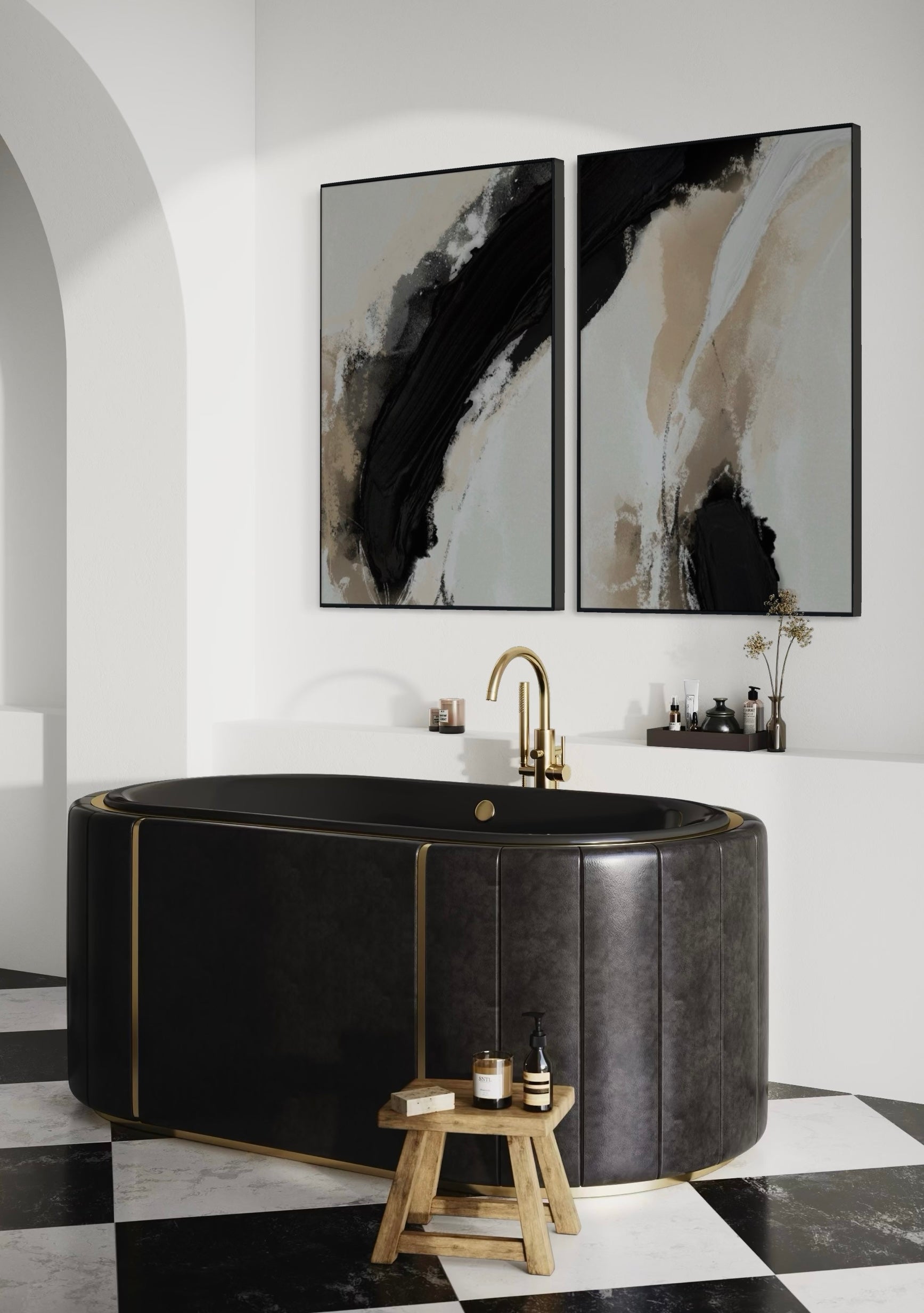 Set Cuadros Decorativos Abstracto Negro Arena 2 - 212 - Diptico Moderno y Minimalista en Tonos Negro y Beige Colores Neutros Estilo Nordico