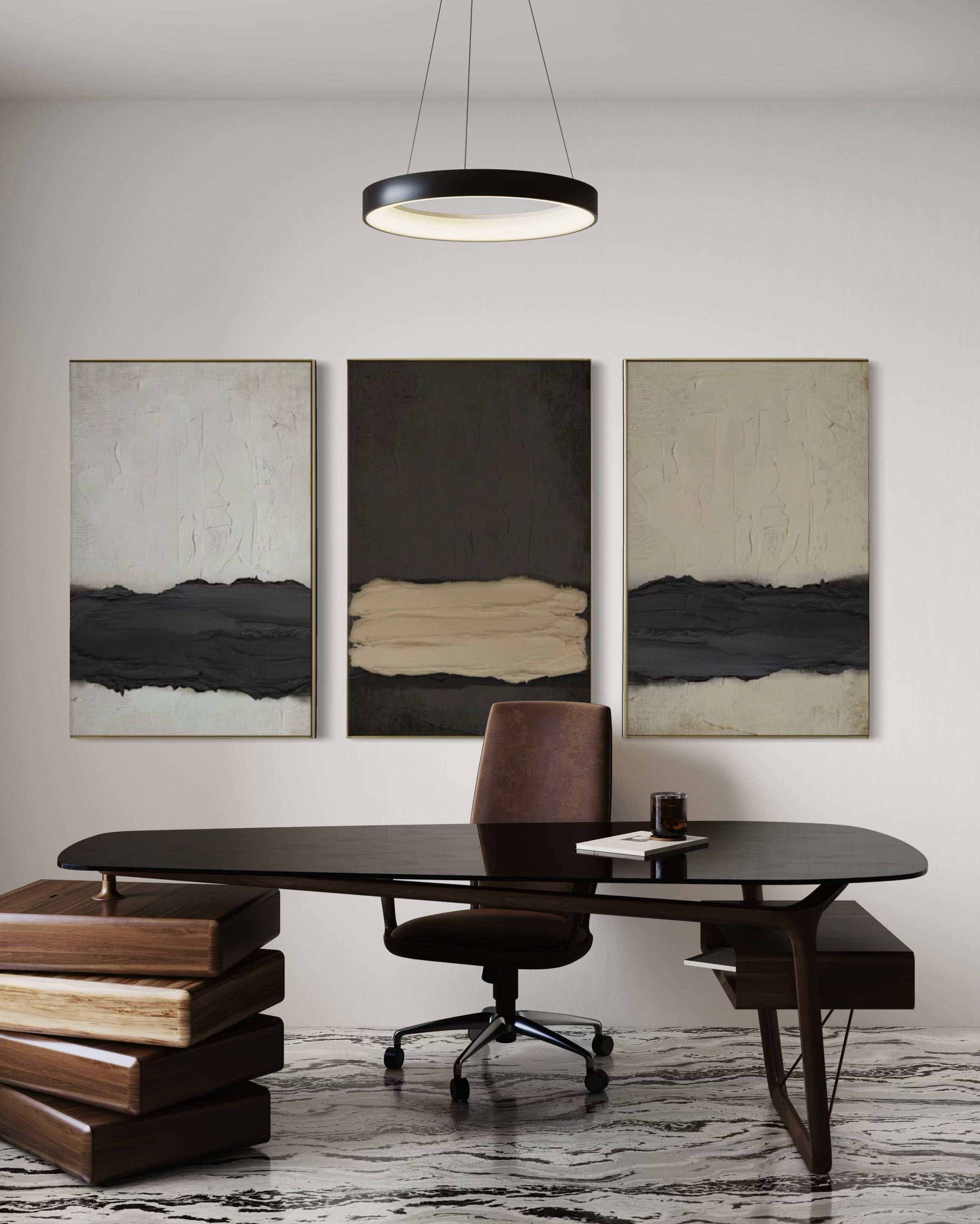 Set Cuadros Decorativos Abstracto Negro Arena 2 - 241 - Triptico Moderno y Elegante Arte Minimalista Estilo Nordico Tonos Neutros