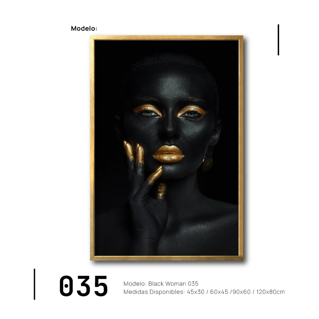 Cuadro decorativo Canvas Mujer Negra Rostro con dorado para sala en México. 035. Arte en blanco y negro.