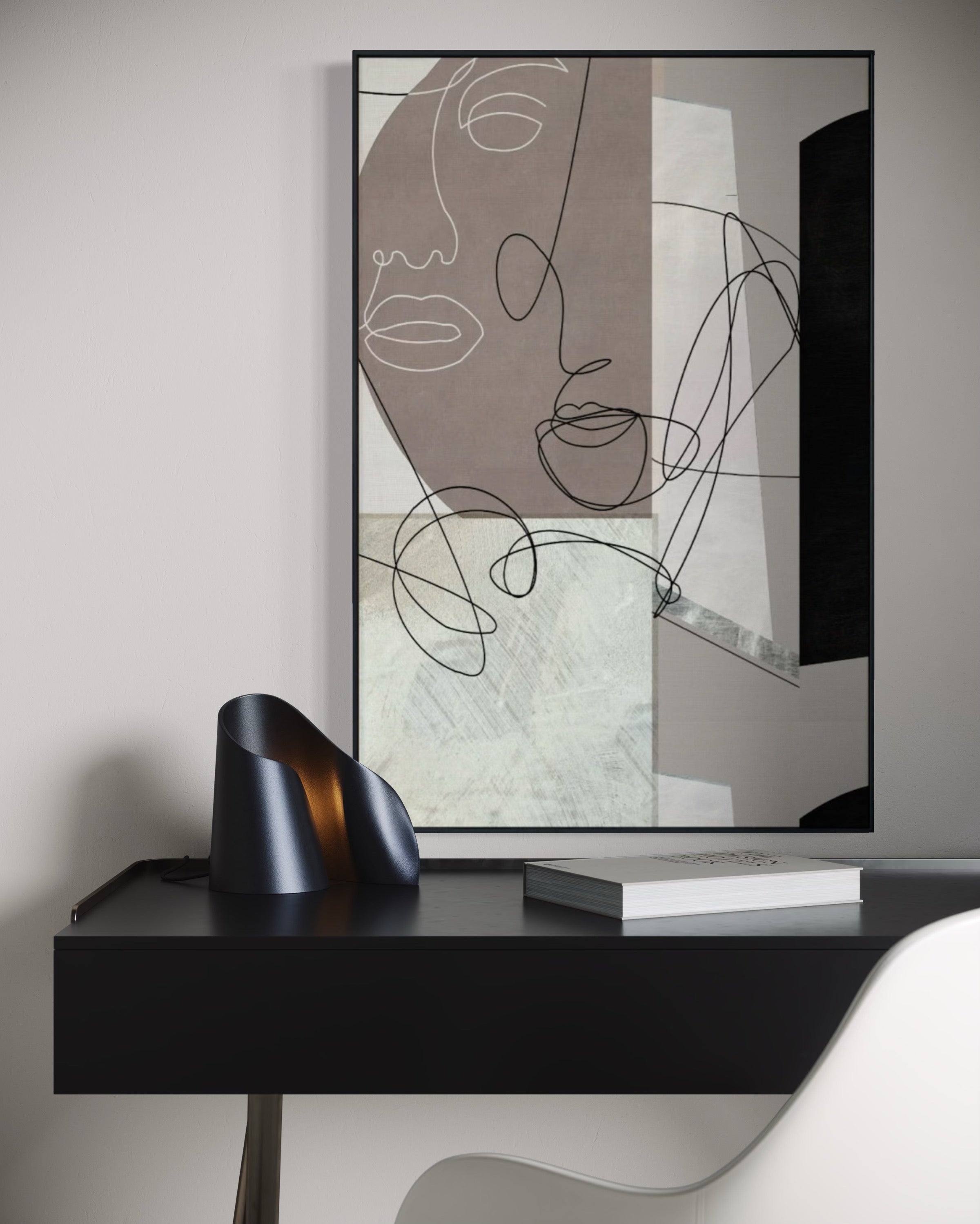 Cuadro Decorativo Abstracto Negro Arena 244 Silueta Rostros Femeninos Arte Lineal Moderno y Minimalista Nordico Tonos Neutros