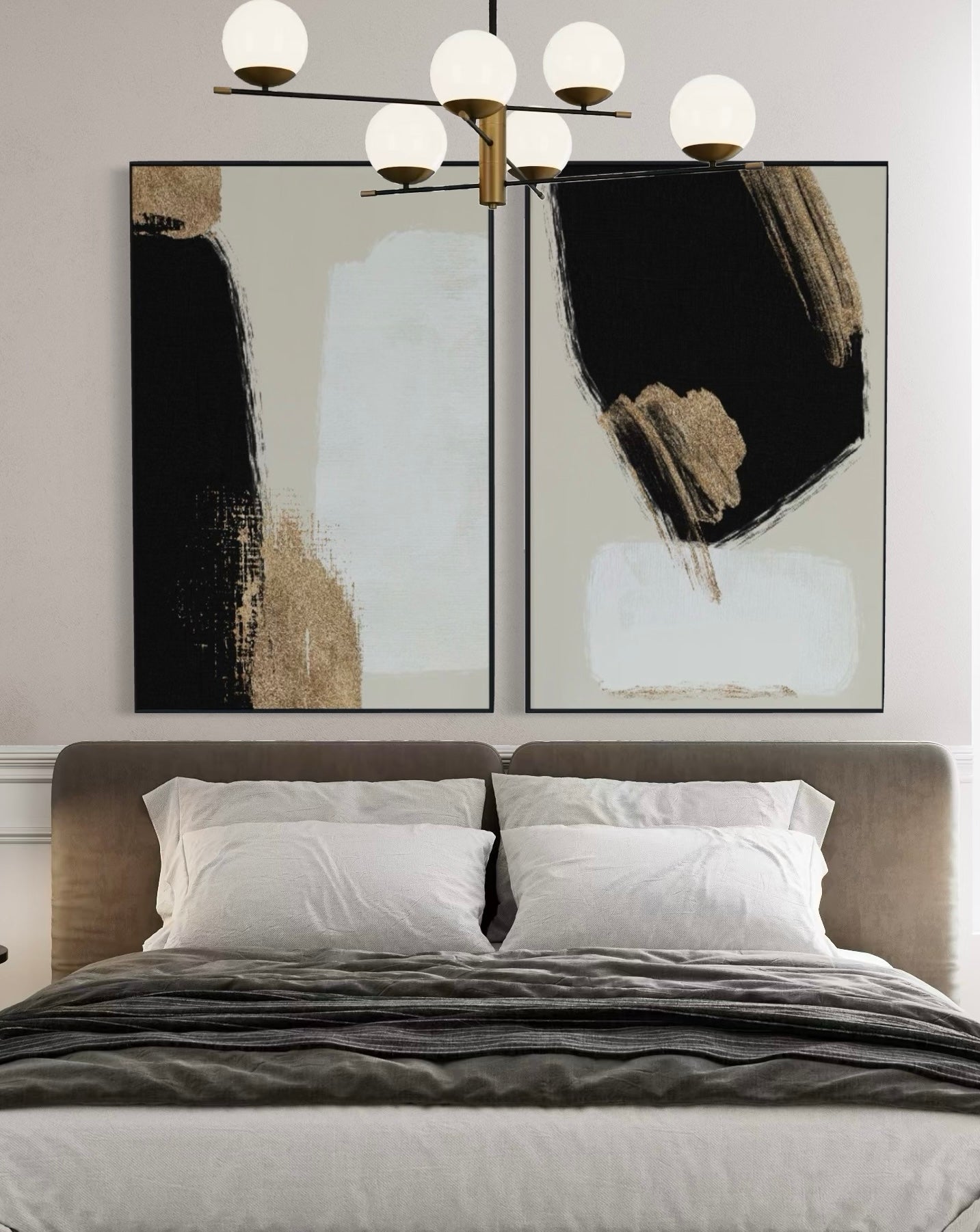 Set Cuadros Decorativos Abstracto Negro Arena 2 - 214 - Diptico Moderno y Elegante Arte Estilo Nordico en Tonos Neutros con Dorado Oro