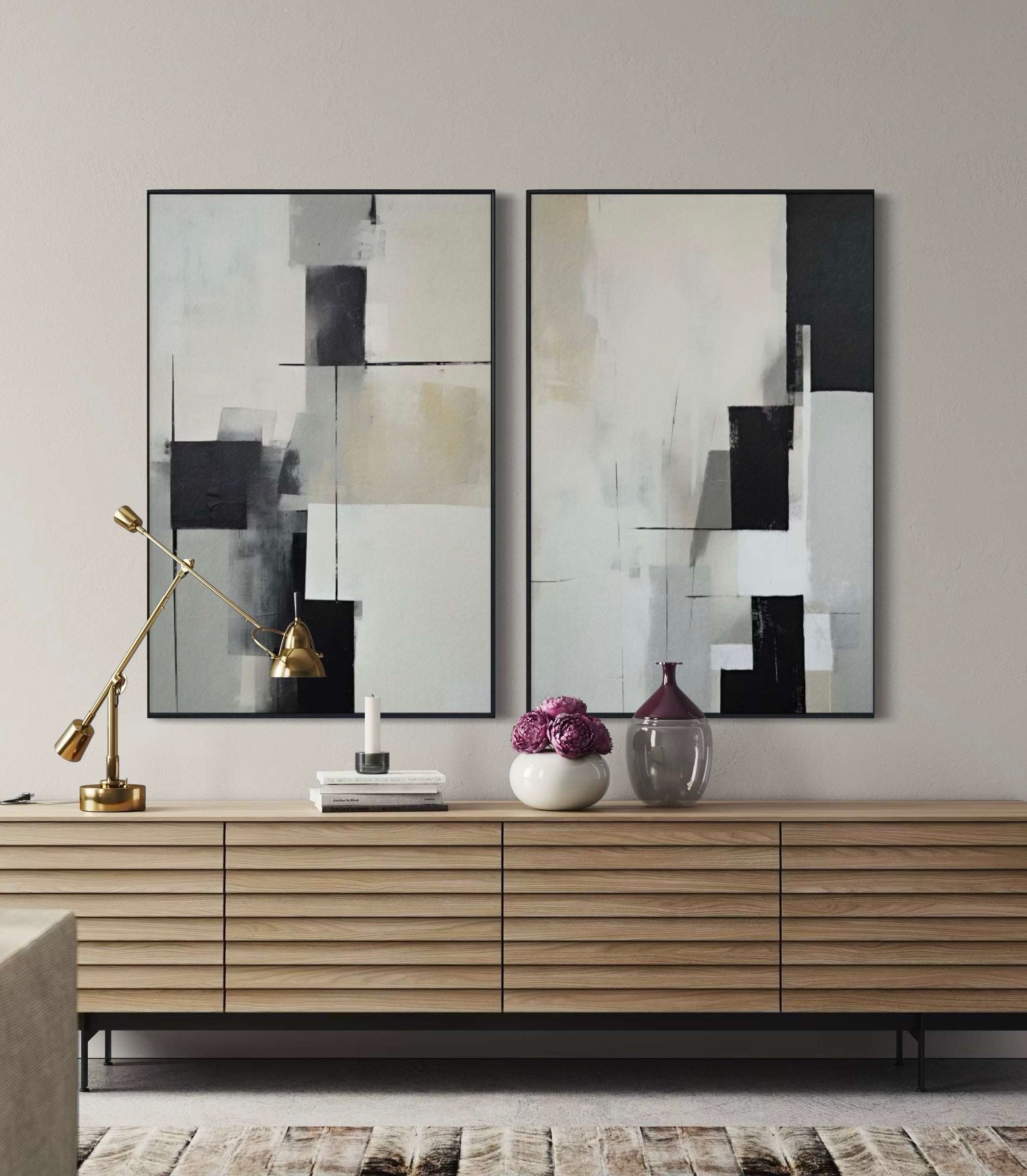 Set Cuadros Decorativos Abstracto Negro Arena 2 - 227 - Diptico Moderno y Minimalista Arte Estilo Nordico en Negro, Beige y Gris Tonos Neutros