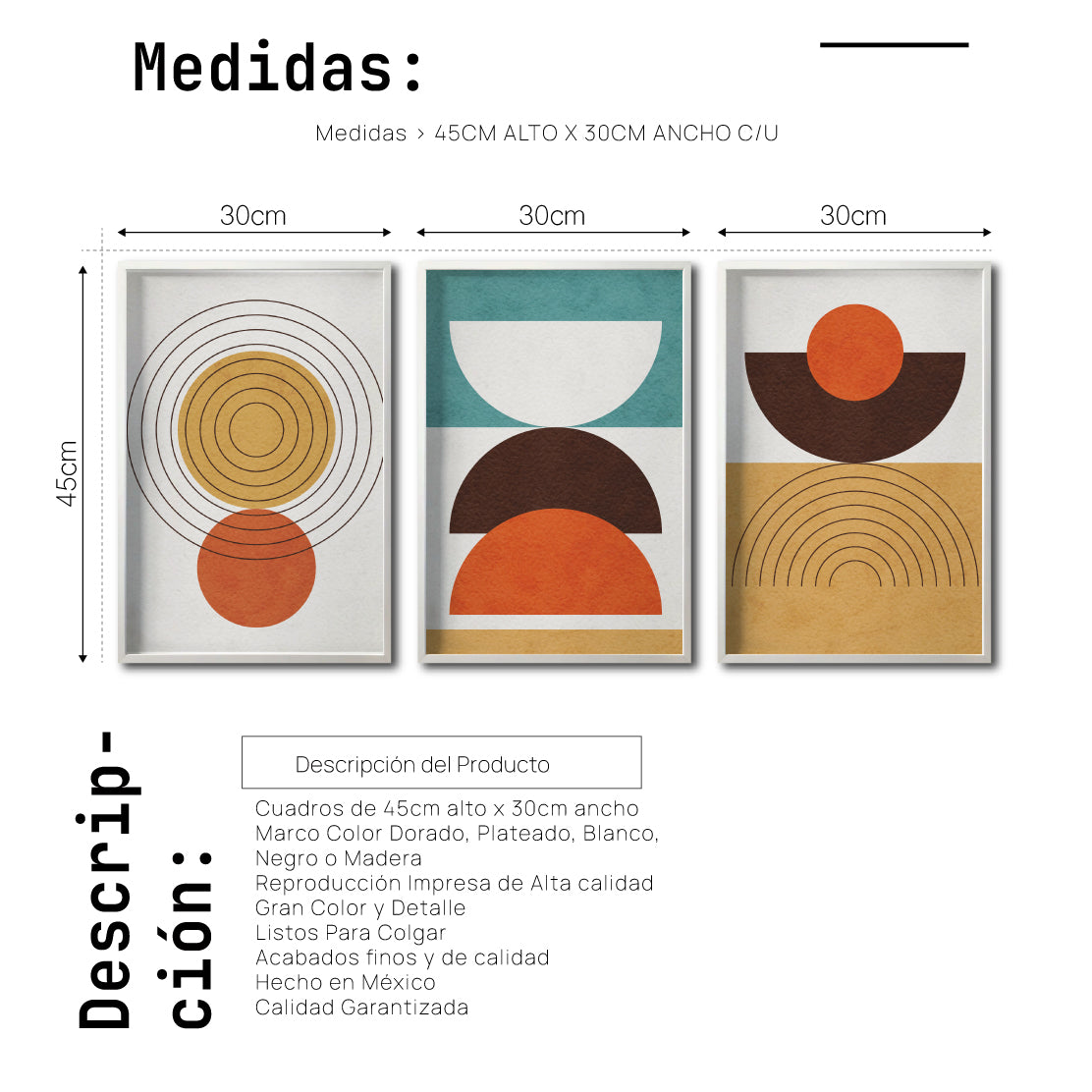 Set 3 Cuadros Decorativos Abstract Colors 037 - Arte Geométrico en Amarillo, Naranja y Café-Triptico