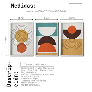 Set 3 Cuadros Decorativos Abstract Colors 037 - Arte Geométrico en Amarillo, Naranja y Café-Triptico