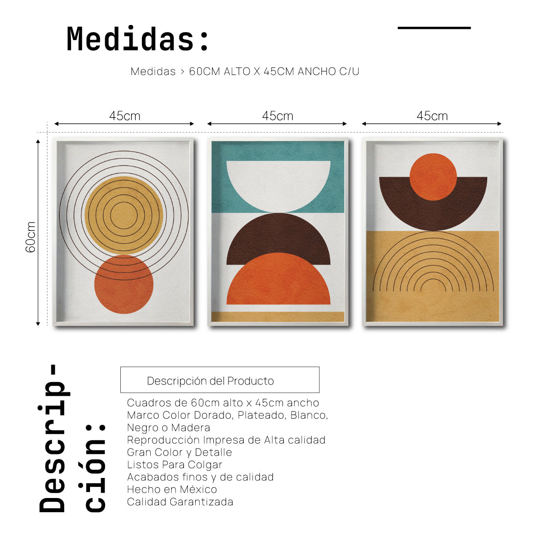 Set 3 Cuadros Decorativos Abstract Colors 037 - Arte Geométrico en Amarillo, Naranja y Café-Triptico