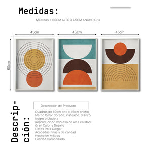 Set 3 Cuadros Decorativos Abstract Colors 037 - Arte Geométrico en Amarillo, Naranja y Café-Triptico