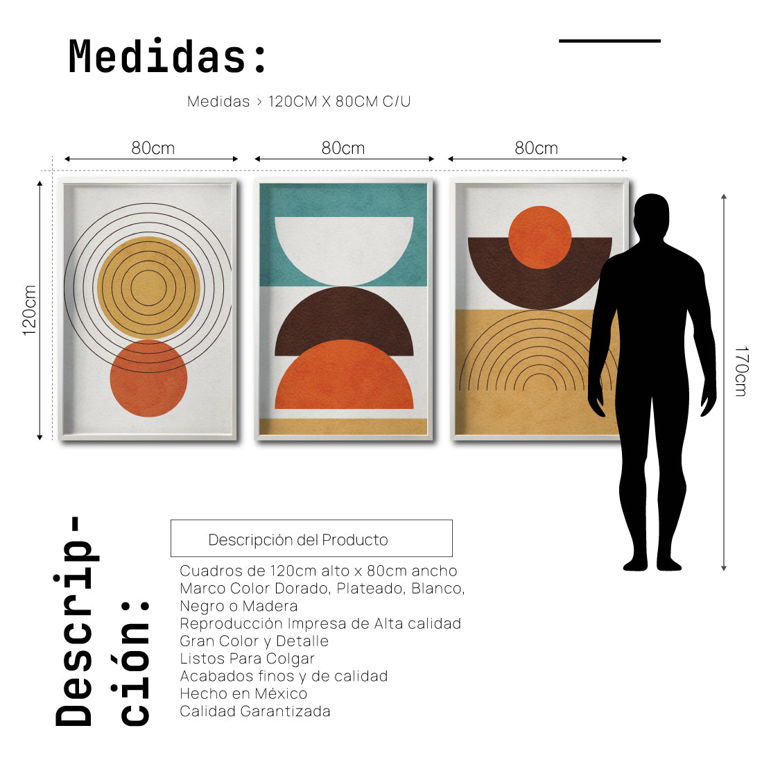 Set 3 Cuadros Decorativos Abstract Colors 037 - Arte Geométrico en Amarillo, Naranja y Café-Triptico