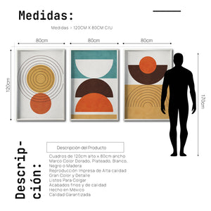 Set 3 Cuadros Decorativos Abstract Colors 037 - Arte Geométrico en Amarillo, Naranja y Café-Triptico
