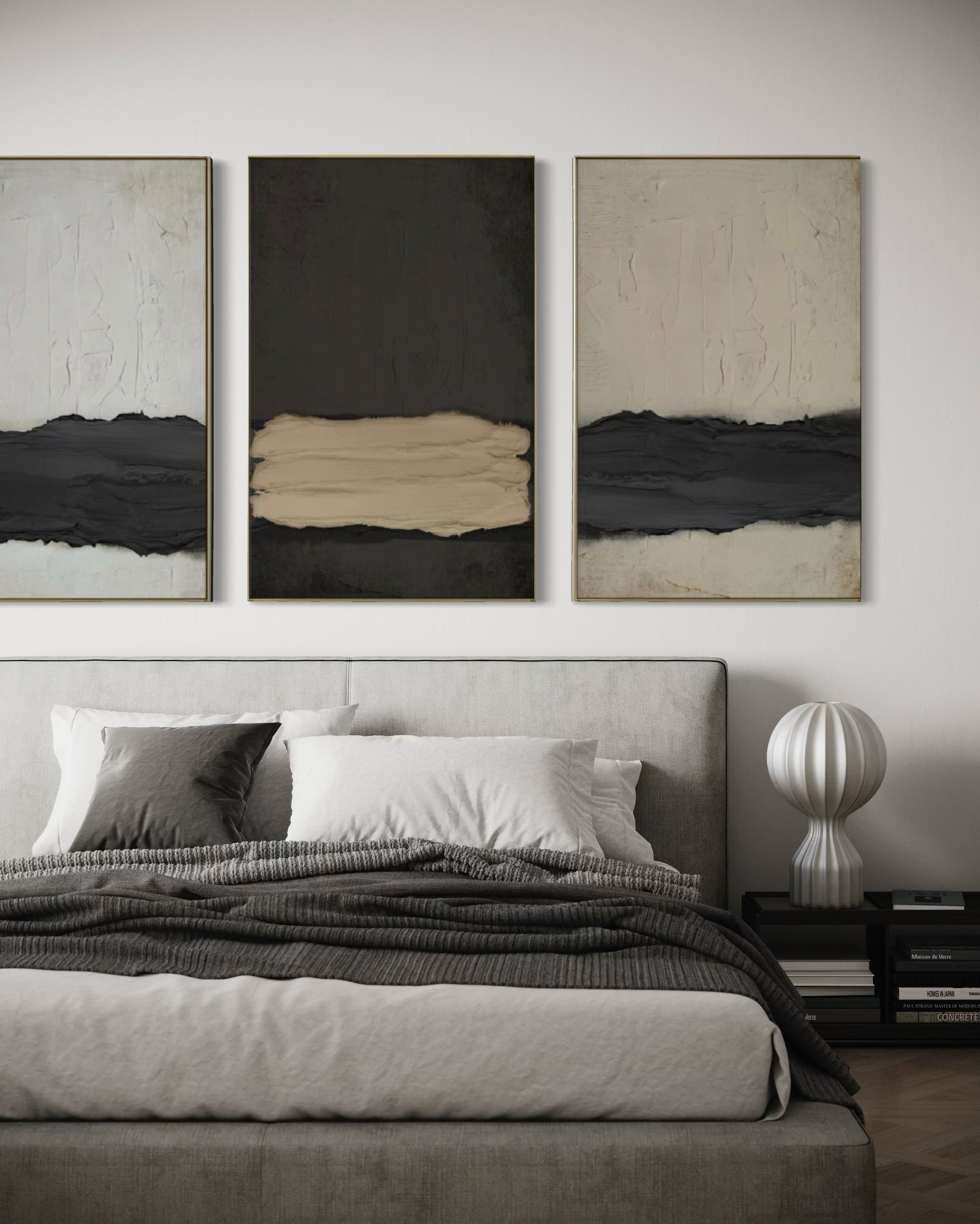 Set Cuadros Decorativos Abstracto Negro Arena 2 - 241 - Triptico Moderno y Elegante Arte Minimalista Estilo Nordico Tonos Neutros