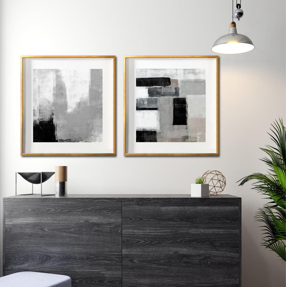 Set 2 Cuadros Decorativos Abstracto Negro Arena 038 - Para Credenza