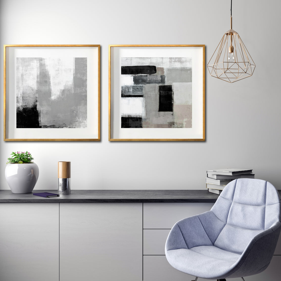 Set 2 Cuadros Decorativos Abstracto Negro Arena 038 - Para Credenza