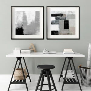 Set 2 Cuadros Decorativos Abstracto Negro Arena 038 - Arte Moderno Estilo Minimalista en Tonos Gris, Beige y Negro