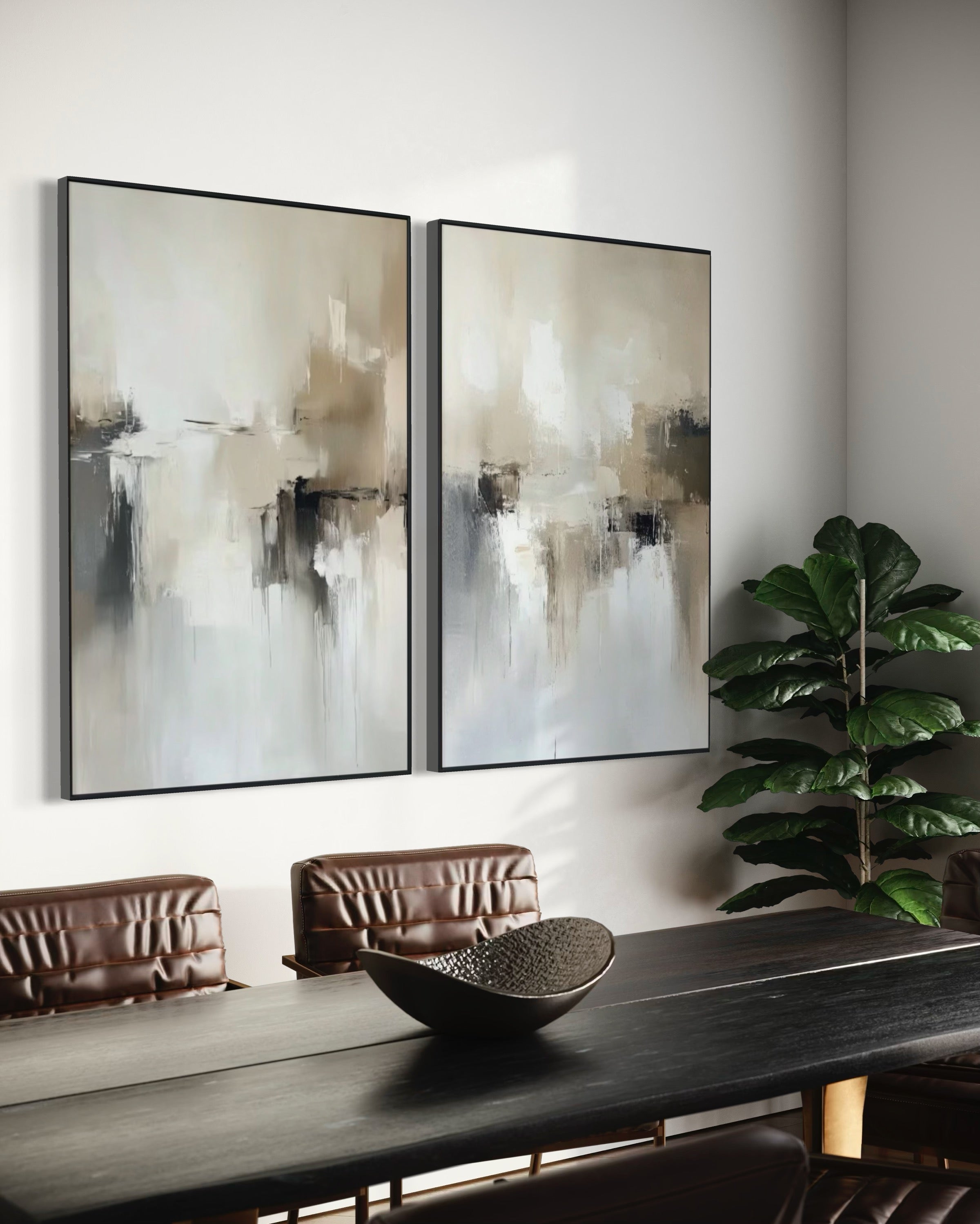 Set Cuadros Decorativos Abstracto Negro Arena 2 - 201 - Diptico Minimalista Estilo Nordico en Tonos Neutros