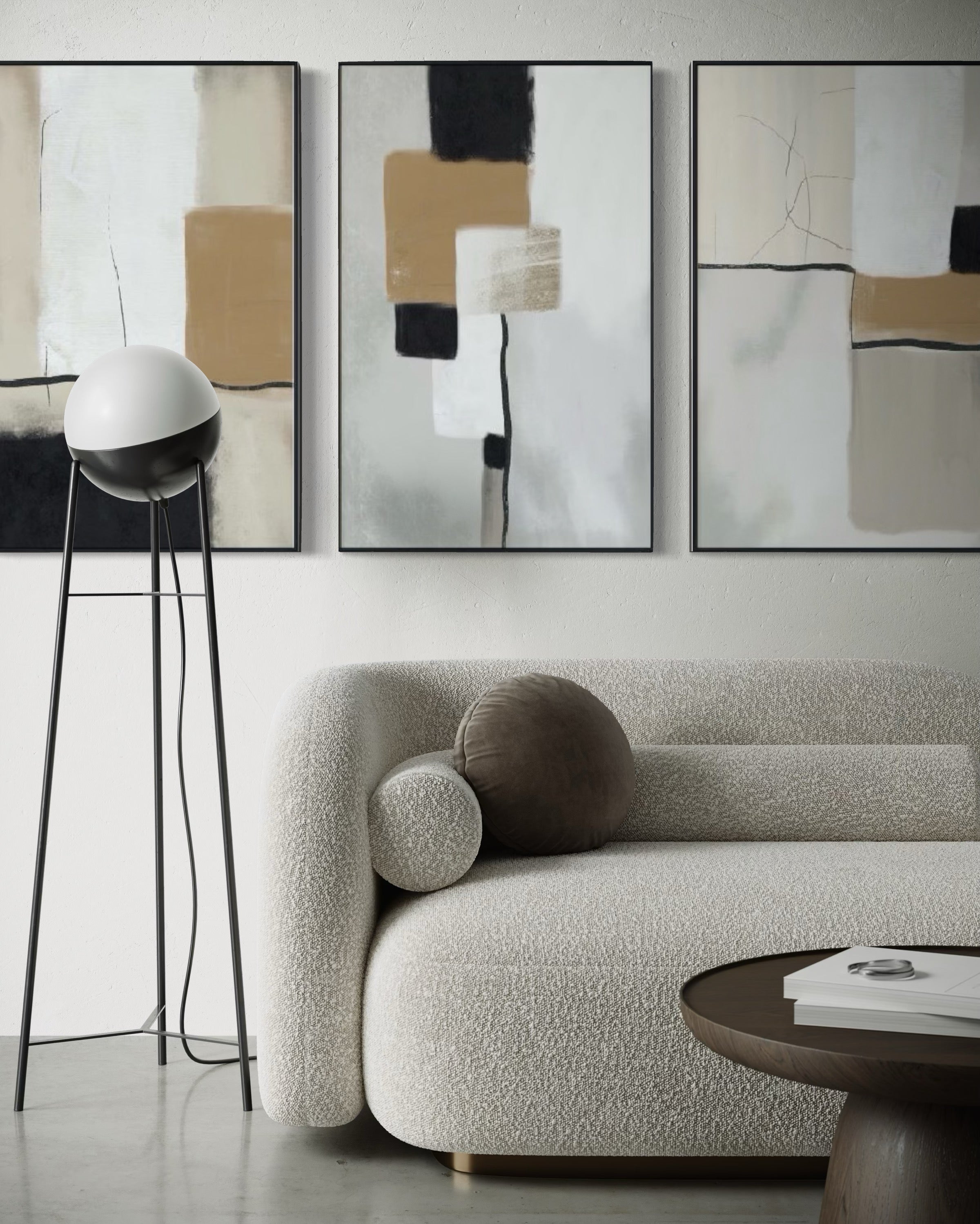 Set Cuadros Decorativos Abstracto Negro Arena 2 - 217 - Tríptico Minimalista y Moderno Arte Estilo Nordico Boho Tonos Neutros