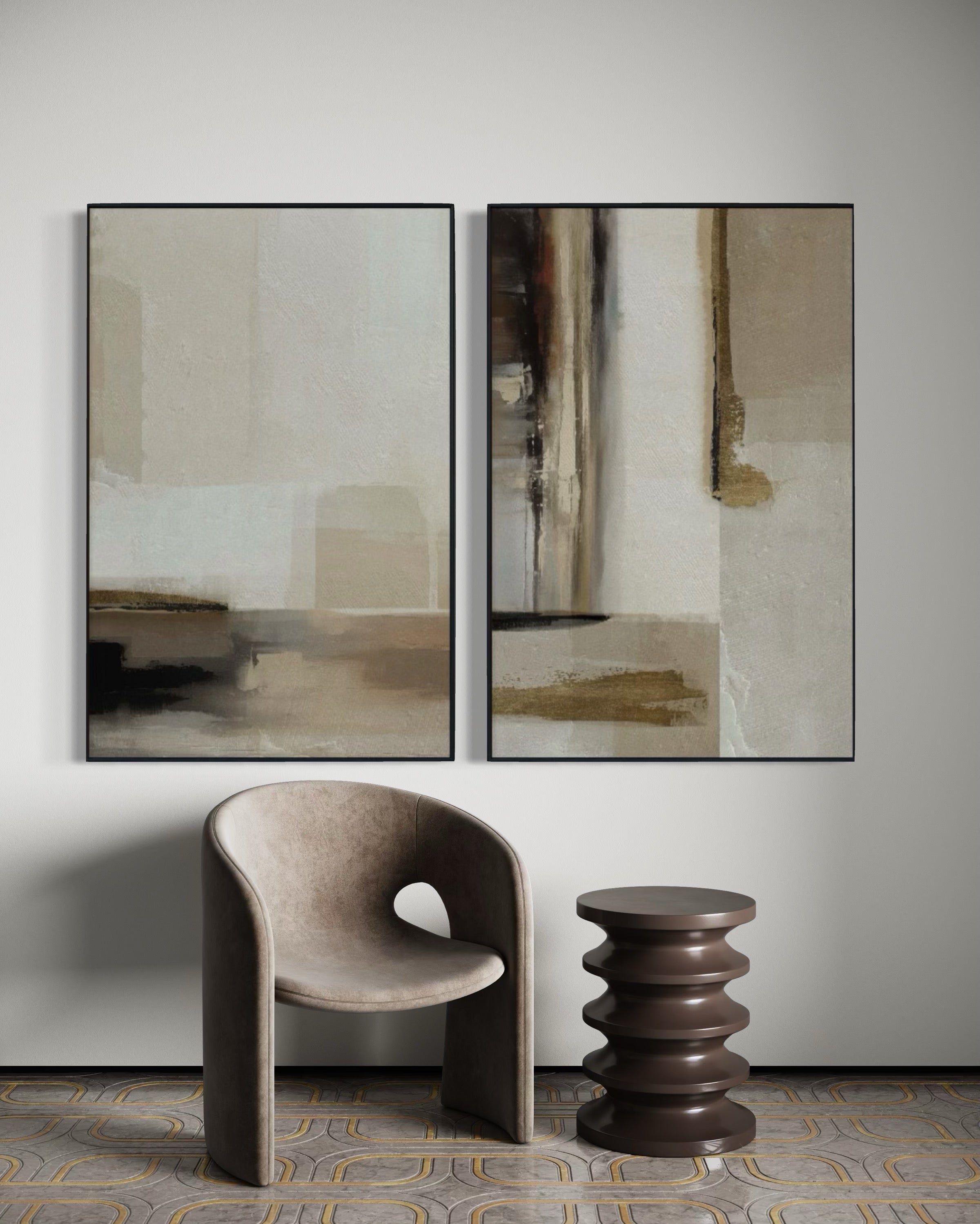 Set Cuadros Decorativos Abstracto Negro Arena 2 - 209 - Diptico Minimalista en Tonos Neutros Arte Estilo Nordico