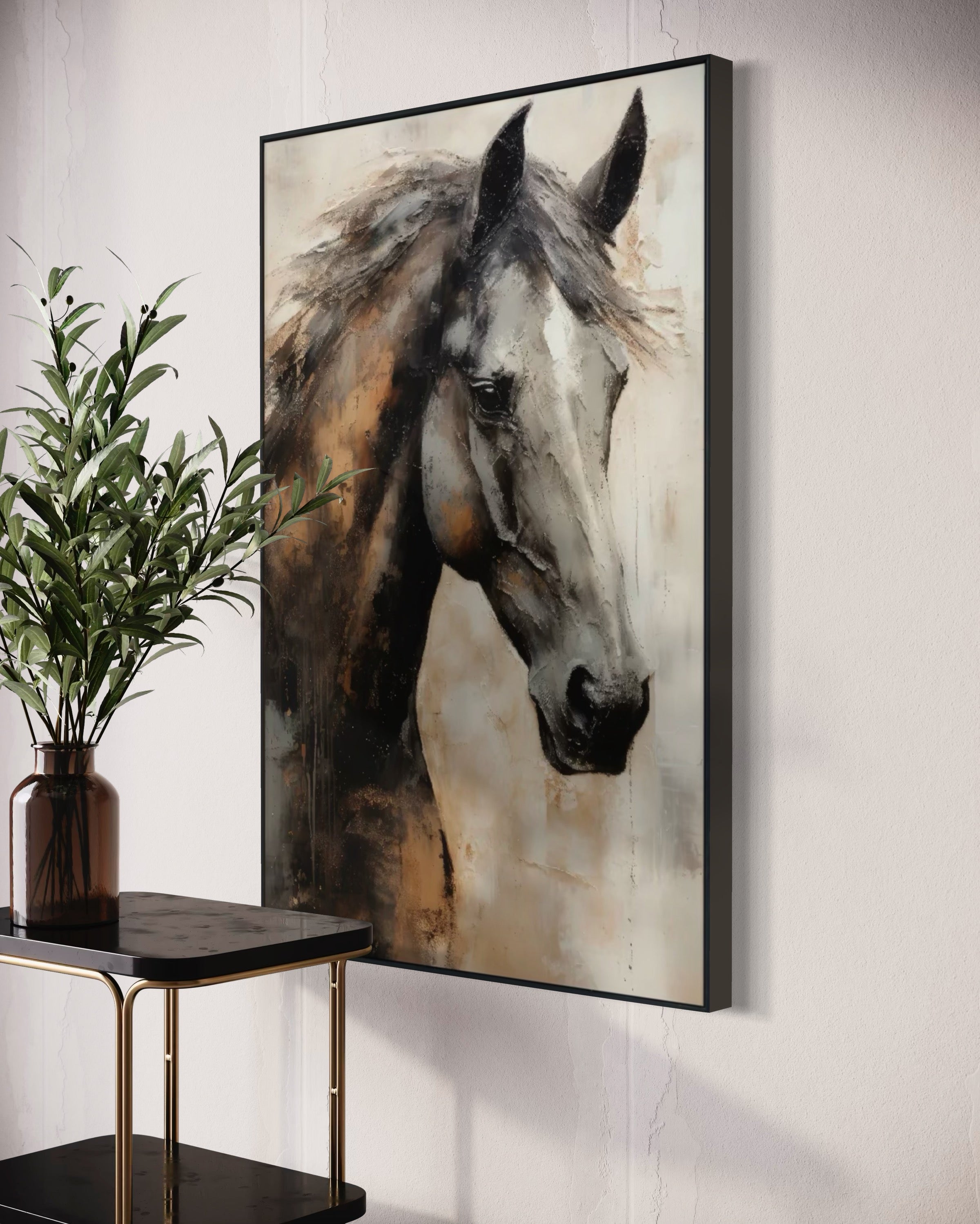 Cuadro Decorativo Abstracto Negro Arena 2 - 207 Caballo Estilo Nordico Arte Moderno en Tonos Neutros, Beige, Terracota, Negro y Gris