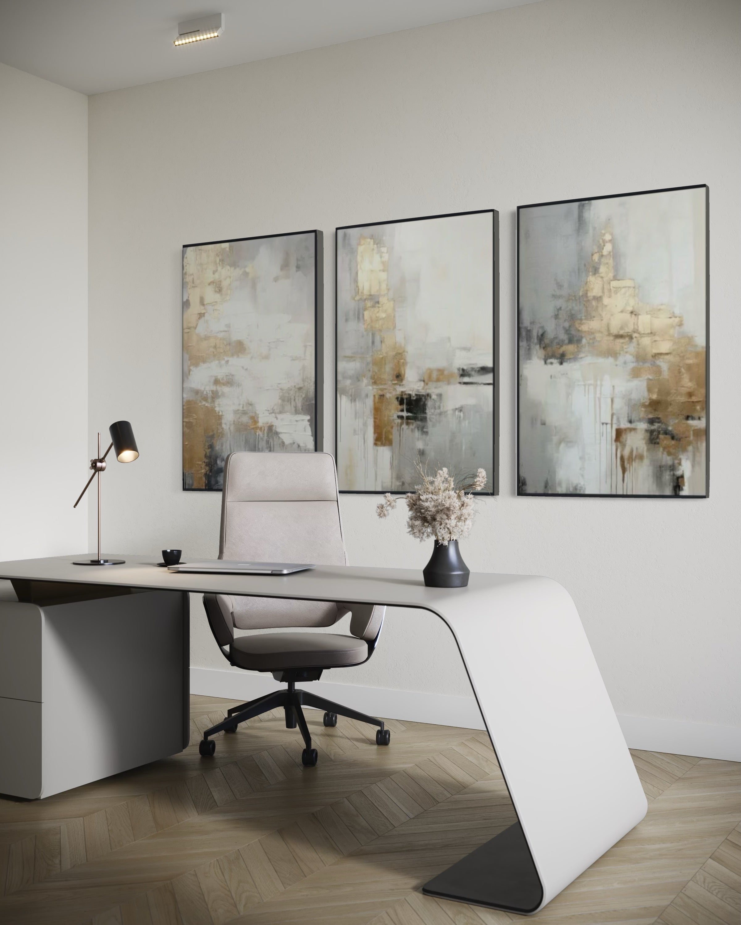 Set Cuadros Decorativos Abstracto Negro Arena 2-271 -Triptico  Moderno y Elegante en Tonos Negro, Gris, Beige y Dorado Oro