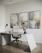 Cargar imagen en el visor de la galería, Set Cuadros Decorativos Abstracto Negro Arena 2-271 -Triptico  Moderno y Elegante en Tonos Negro, Gris, Beige y Dorado Oro
