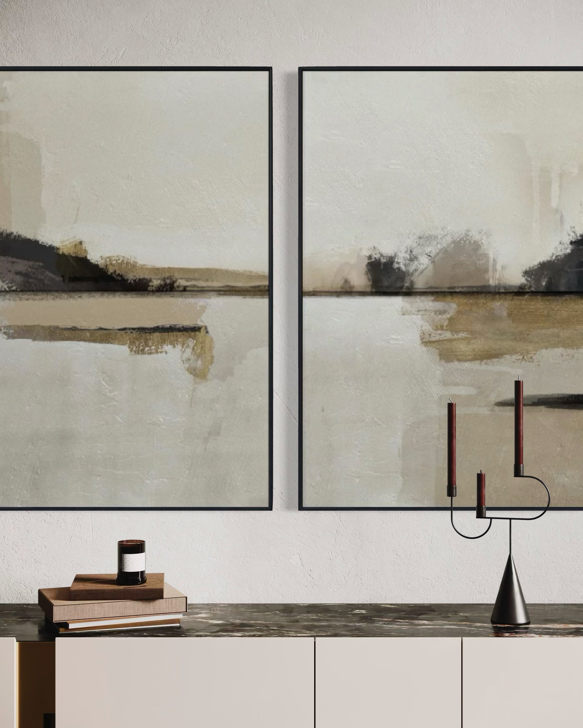 Set Cuadros Decorativos Abstracto Negro Arena 2 - 216 - Diptico Minimalista Arte Moderno y Elegante Tonos Beige y Negro