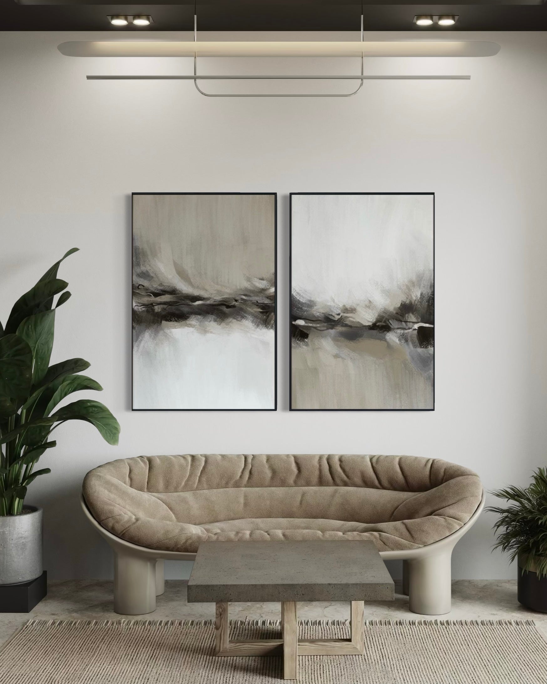 Set Cuadros Decorativos Abstracto Negro Arena 2 - 238 - Diptico Moderno y Elegante Arte Estilo Nordico Tonos Neutros