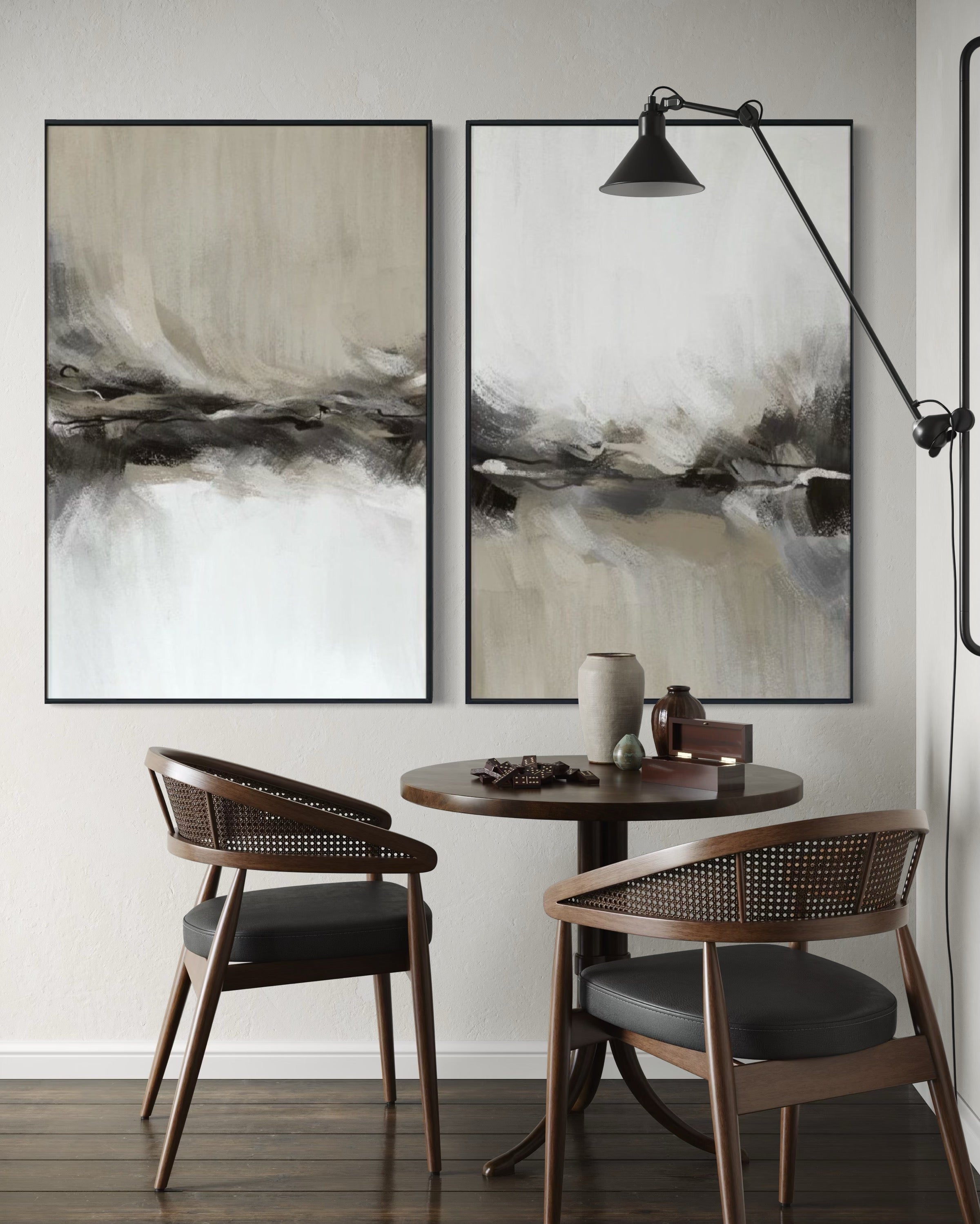 Set Cuadros Decorativos Abstracto Negro Arena 2 - 238 - Diptico Moderno y Elegante Arte Estilo Nordico Tonos Neutros