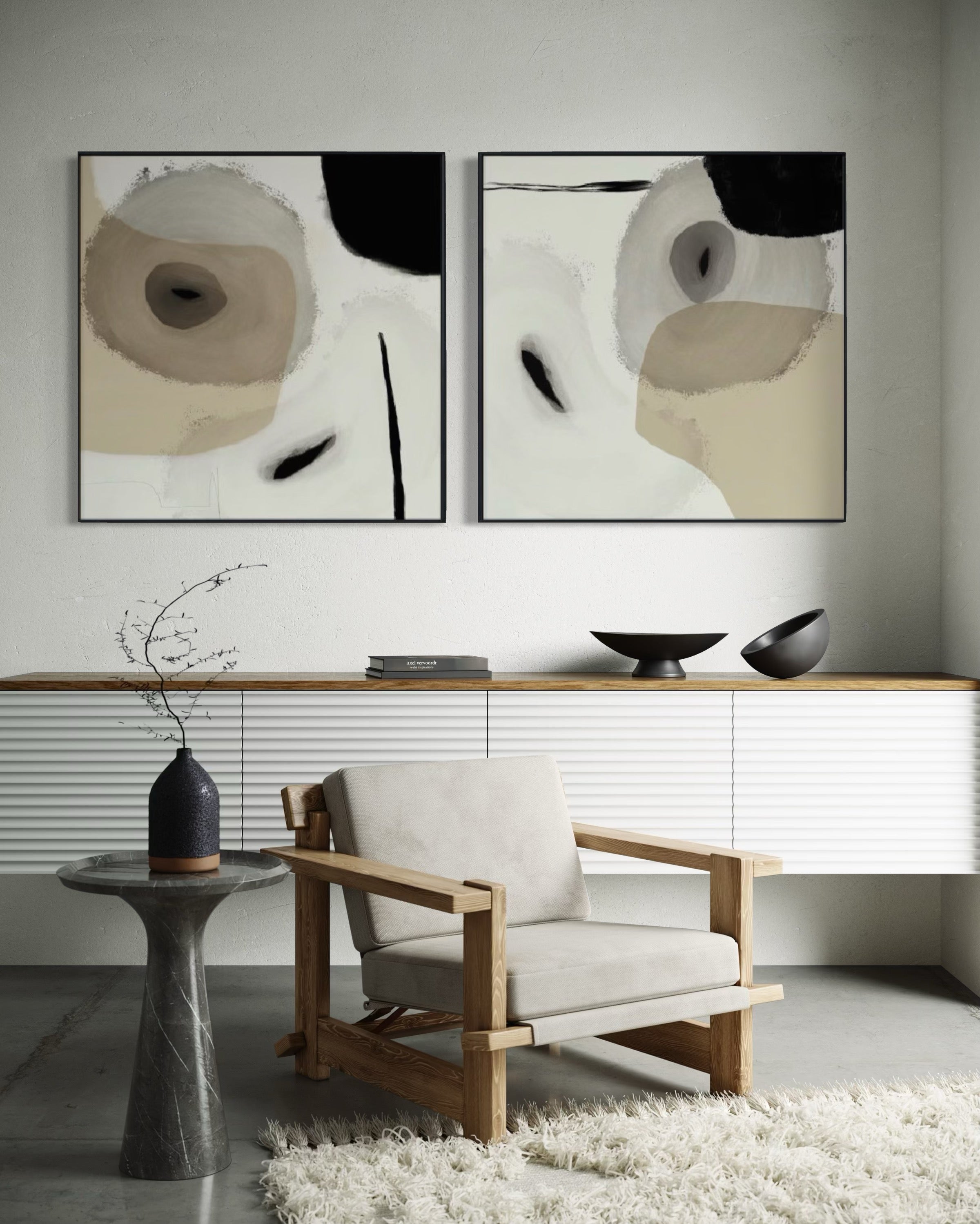 Set Cuadros Decorativos Abstracto Negro Arena 2-234 - Diptico Moderno y Elegante Estilo Nordico en Beige y Negro Tonos Neutros