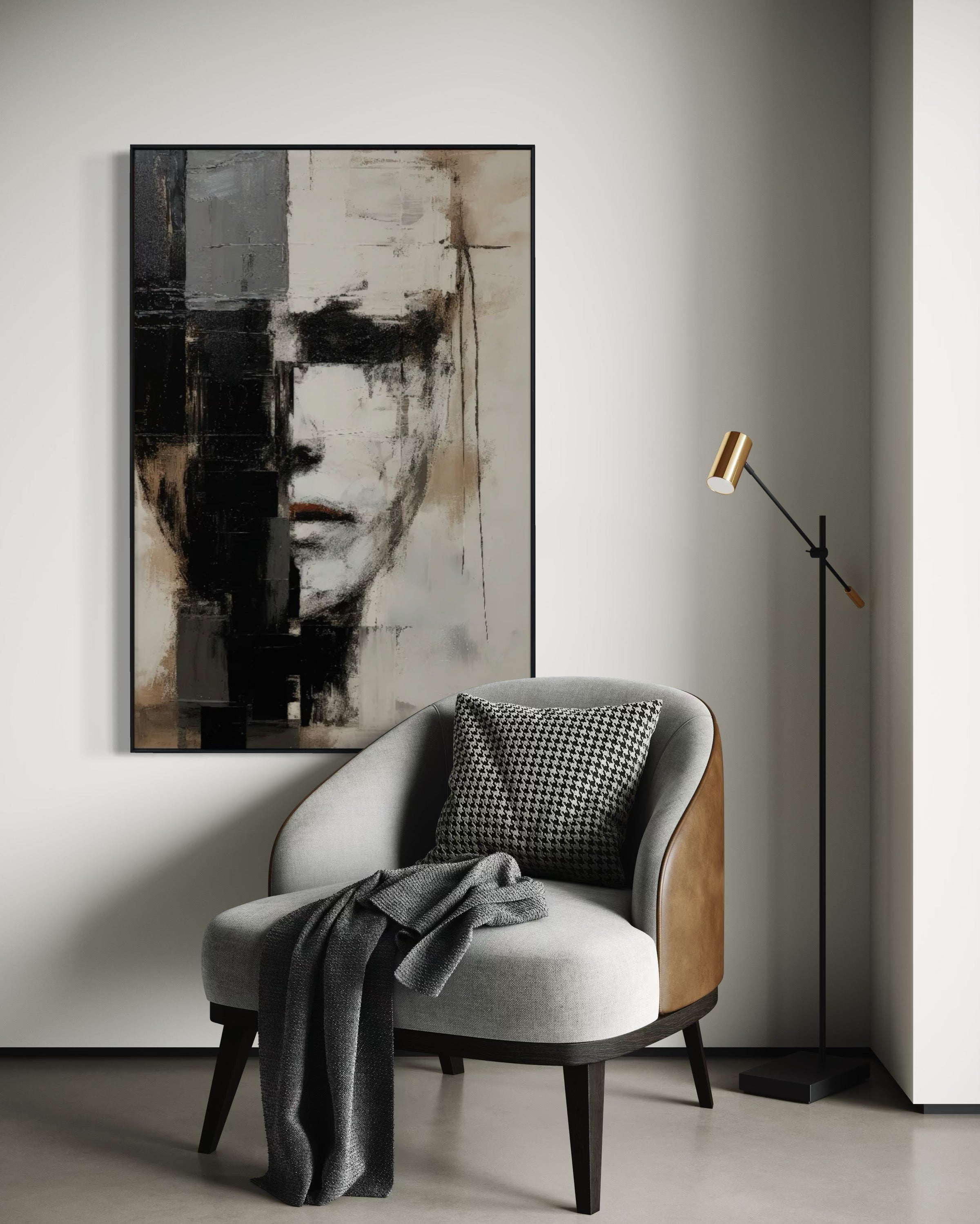 Cuadro Decorativo Abstracto Negro Arena 2-205 Rostro Estilo Nordico Cara Moderna en Tonos Neutros