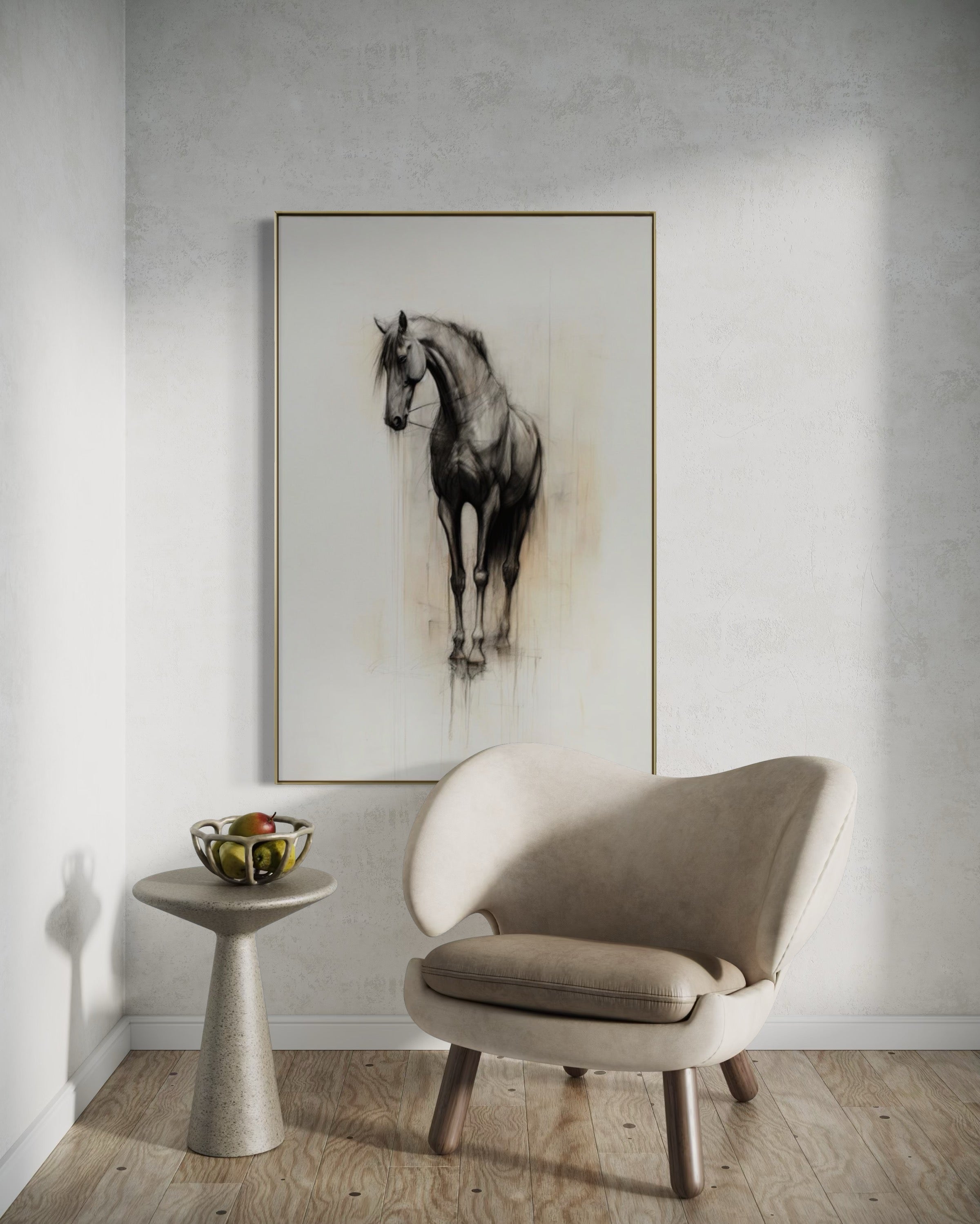 Cuadro Decorativo Abstracto Negro Arena 2 - 260 - Boceto de Caballo Negro Ate Moderno y Minimalista Estilo Nordico Tonos Neutros